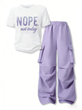 Girls Clothes Little Girl Outfits Letter Print Short Sleeve Tops & Cargo Pants 2PCS Girls Clothing 7-16 Years