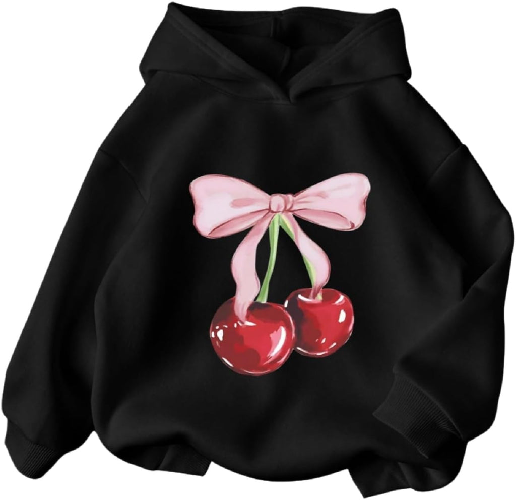 WDIRARA Girl's Cherry Graphic Hoodie Long Sleeve Hooded Sweatshirt Cute Pullovers Tops