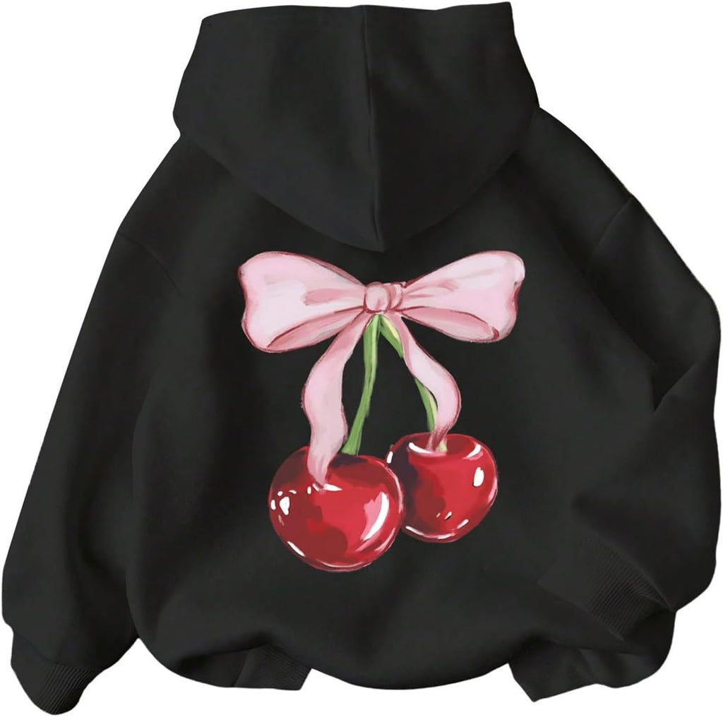 WDIRARA Girl's Cherry Graphic Hoodie Long Sleeve Hooded Sweatshirt Cute Pullovers Tops