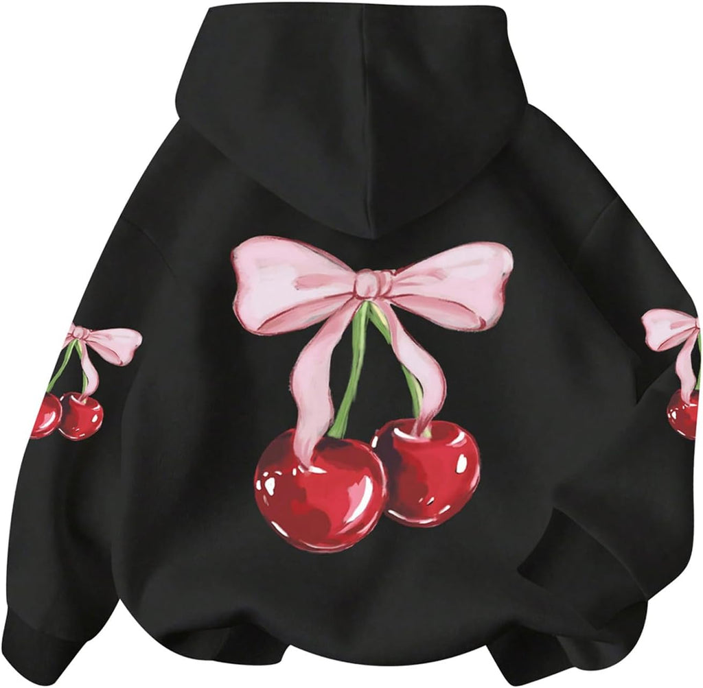 WDIRARA Girl's Cherry Graphic Hoodie Long Sleeve Hooded Sweatshirt Cute Pullovers Tops
