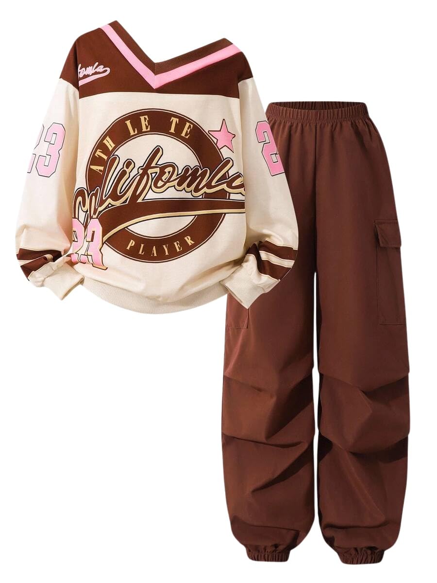 Axumity Tween Girls Clothes Sporty Color Blocking Numeral Print Sweatshirt & Cargo Pants Outfit Set