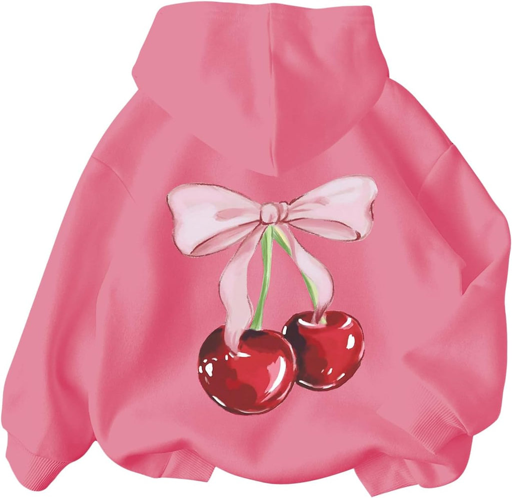 WDIRARA Girl's Cherry Graphic Hoodie Long Sleeve Hooded Sweatshirt Cute Pullovers Tops