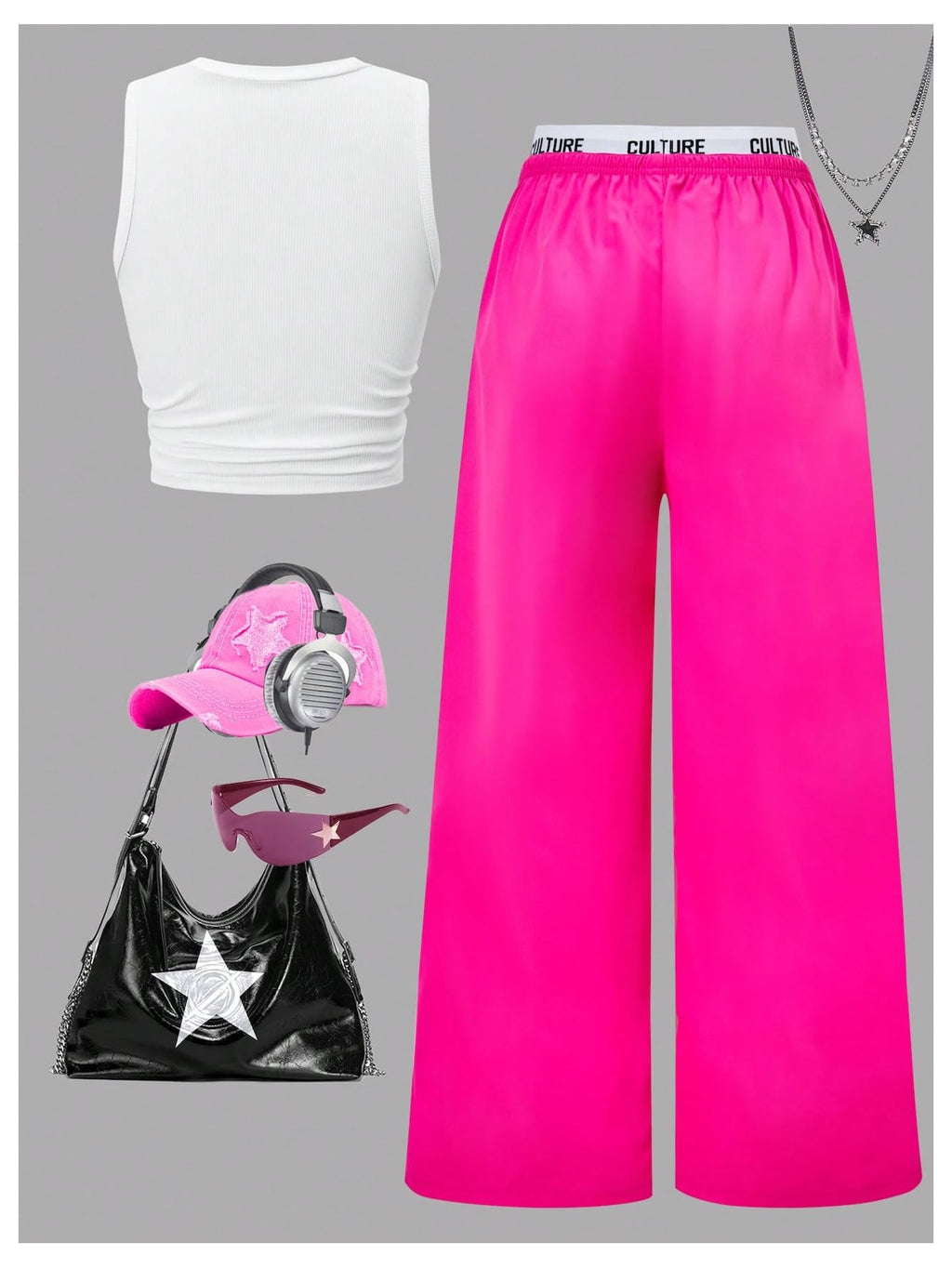 OYOANGLE Girl's 2 Piece Set Y2K Star Graphic Crop Ribbed Knit Tank Top and Letter Ruffled Cargo Pants Sets Streetwear
