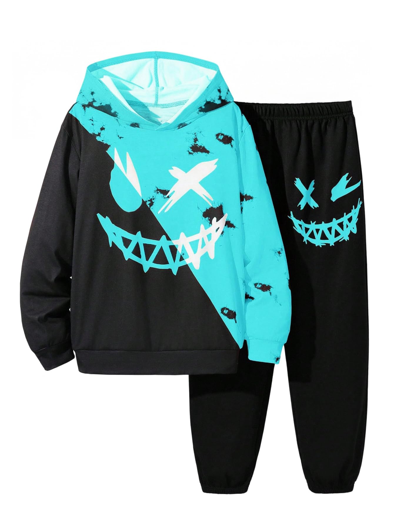 WDIRARA Boy's 2 Piece Outfits Colorful Graphic Print Long Sleeve Hoodie and Sweatpants Set Tracksuit