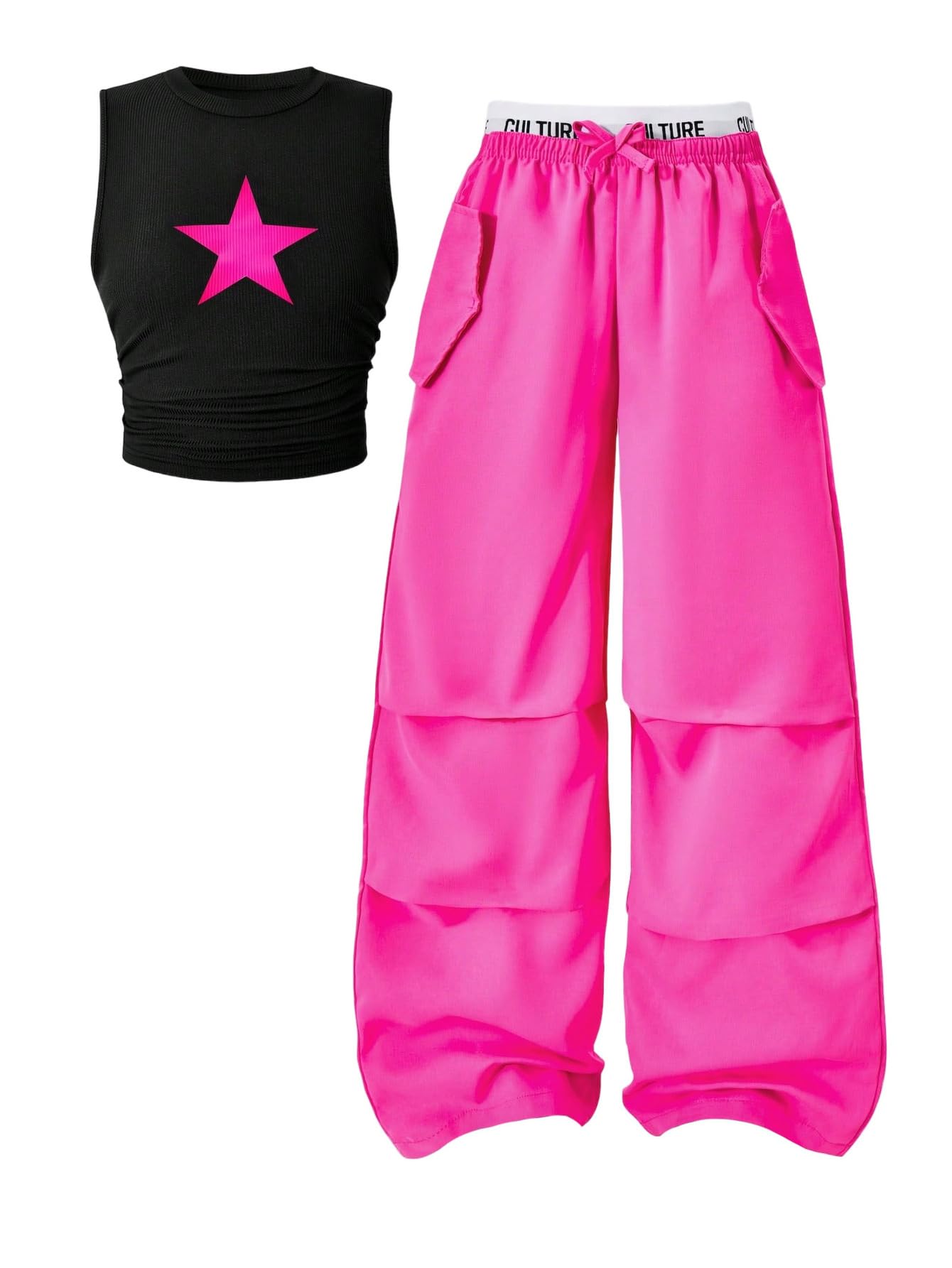 OYOANGLE Girl's 2 Piece Set Y2K Star Graphic Crop Ribbed Knit Tank Top and Letter Ruffled Cargo Pants Sets Streetwear