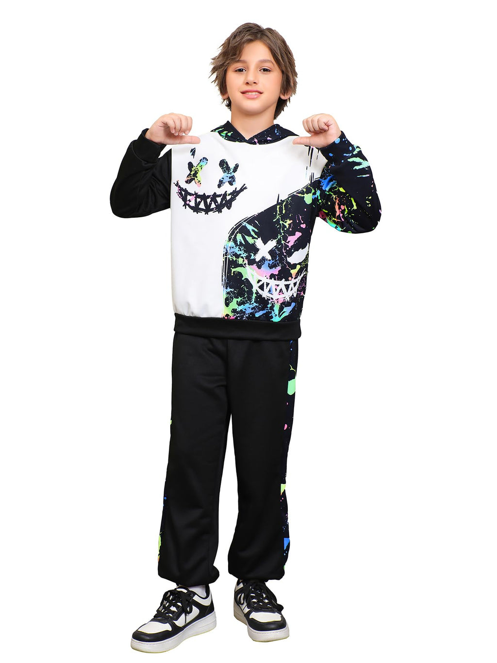 WDIRARA Boy's 2 Piece Outfits Colorful Graphic Print Long Sleeve Hoodie and Sweatpants Set Tracksuit