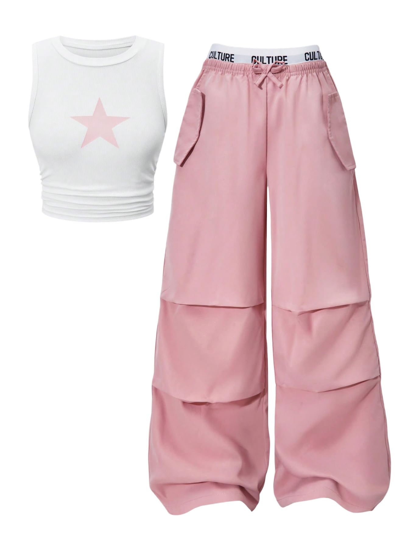 OYOANGLE Girl's 2 Piece Set Y2K Star Graphic Crop Ribbed Knit Tank Top and Letter Ruffled Cargo Pants Sets Streetwear