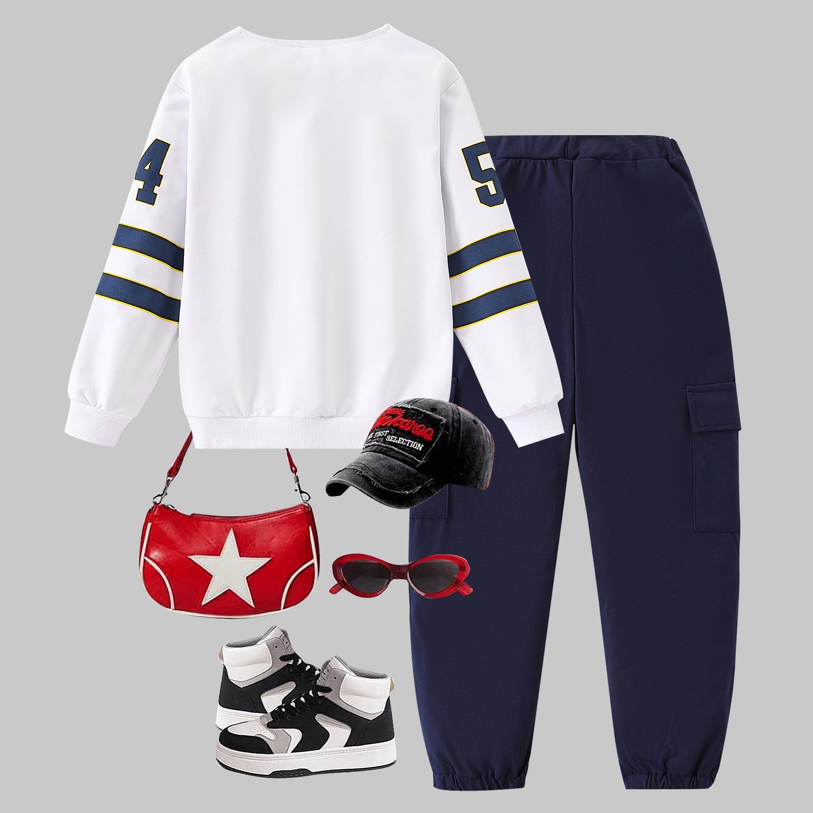 Axumity Tween Girls Clothes Sporty Color Blocking Numeral Print Sweatshirt & Cargo Pants Outfit Set