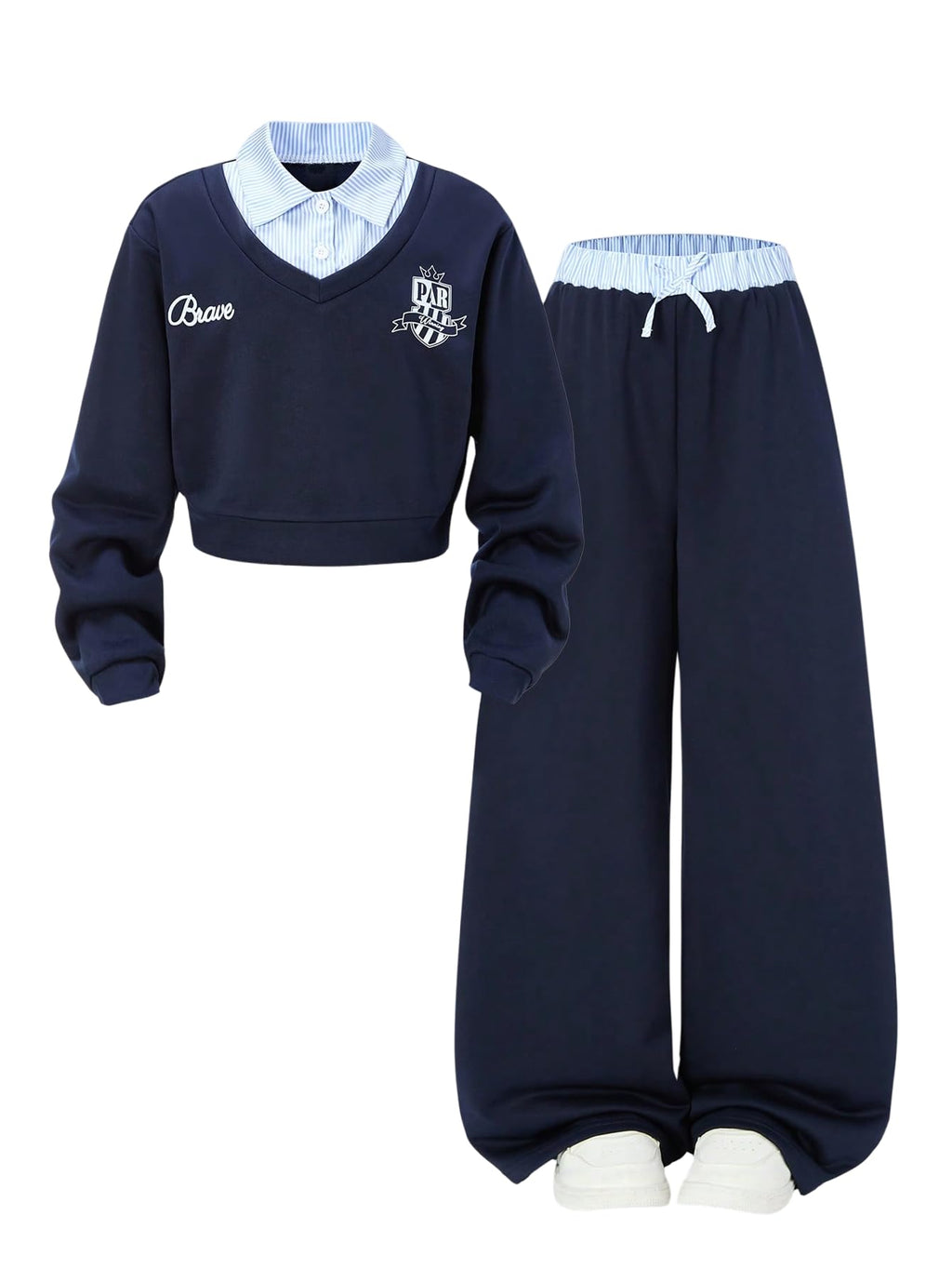 SOLY HUX Girl's Sweatsuits 2 Piece Outfits Letter Striped 2 in 1 Collared Sweatshirt and Sweatpants Preppy Clothing Sets