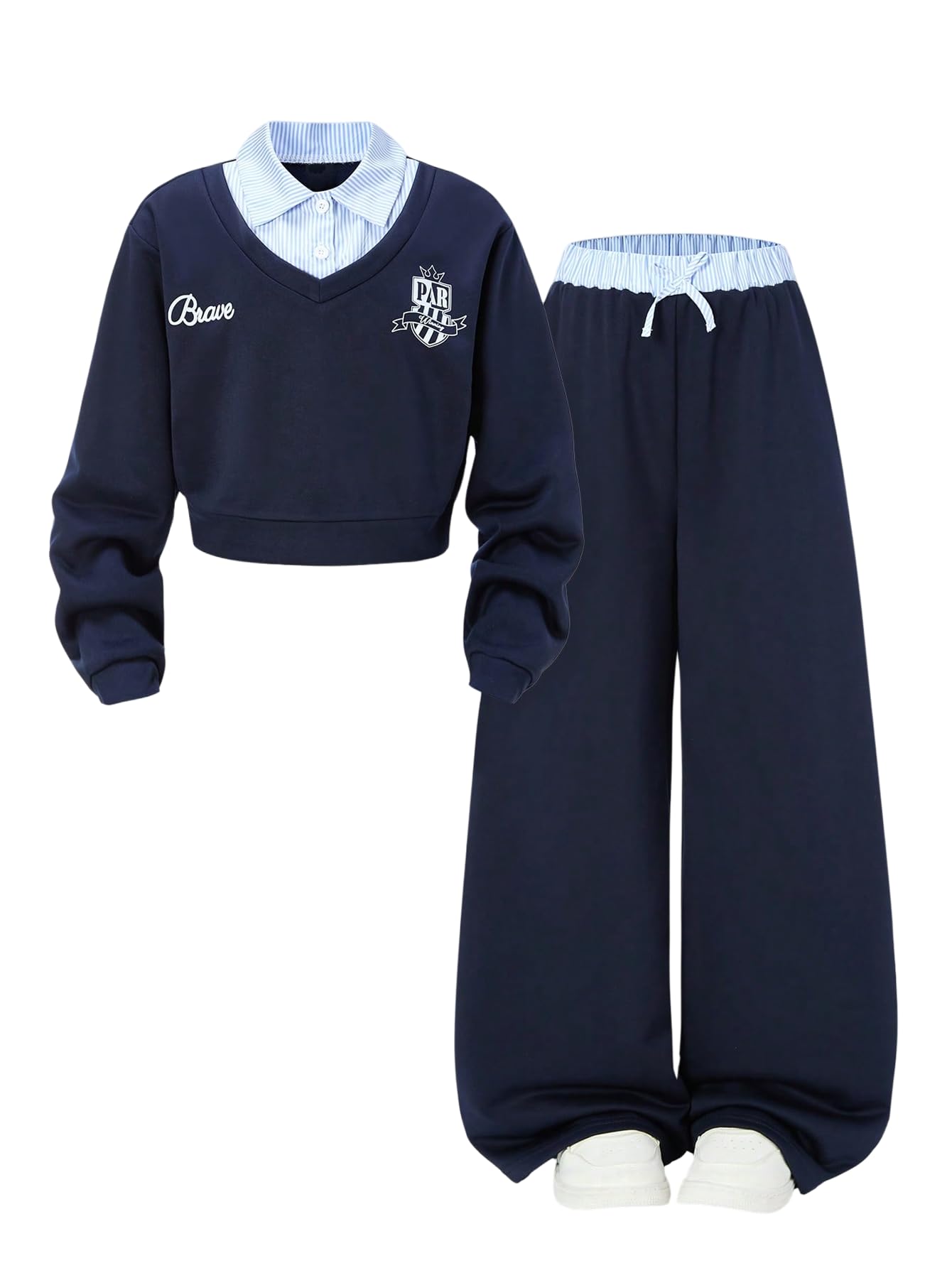 SOLY HUX Girl's Sweatsuits 2 Piece Outfits Letter Striped 2 in 1 Collared Sweatshirt and Sweatpants Preppy Clothing Sets