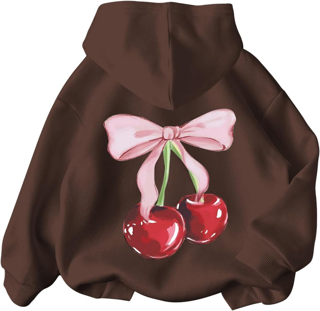 WDIRARA Girl's Cherry Graphic Hoodie Long Sleeve Hooded Sweatshirt Cute Pullovers Tops