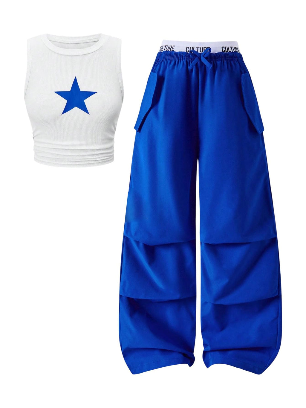 OYOANGLE Girl's 2 Piece Set Y2K Star Graphic Crop Ribbed Knit Tank Top and Letter Ruffled Cargo Pants Sets Streetwear