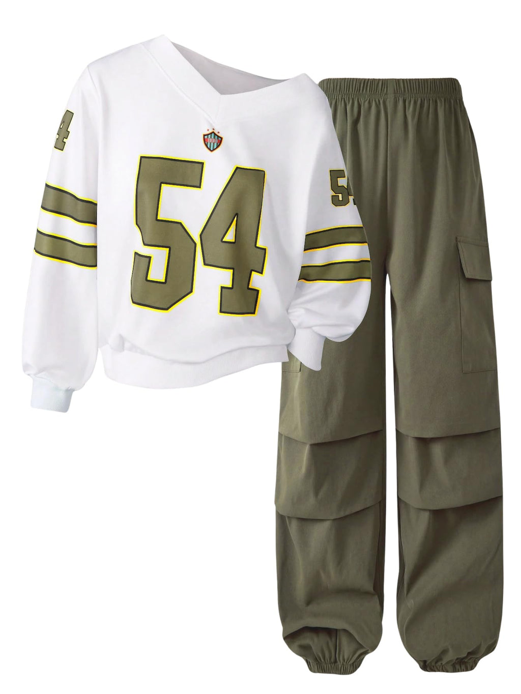 Axumity Tween Girls Clothes Sporty Color Blocking Numeral Print Sweatshirt & Cargo Pants Outfit Set