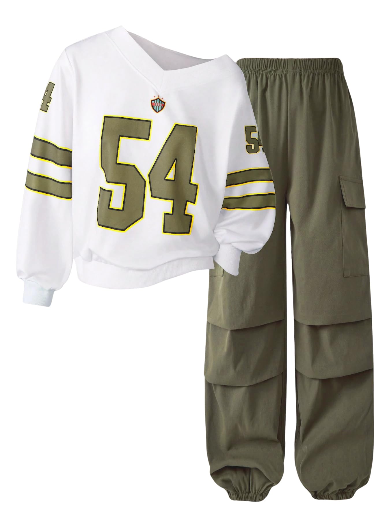 Axumity Tween Girls Clothes Sporty Color Blocking Numeral Print Sweatshirt & Cargo Pants Outfit Set
