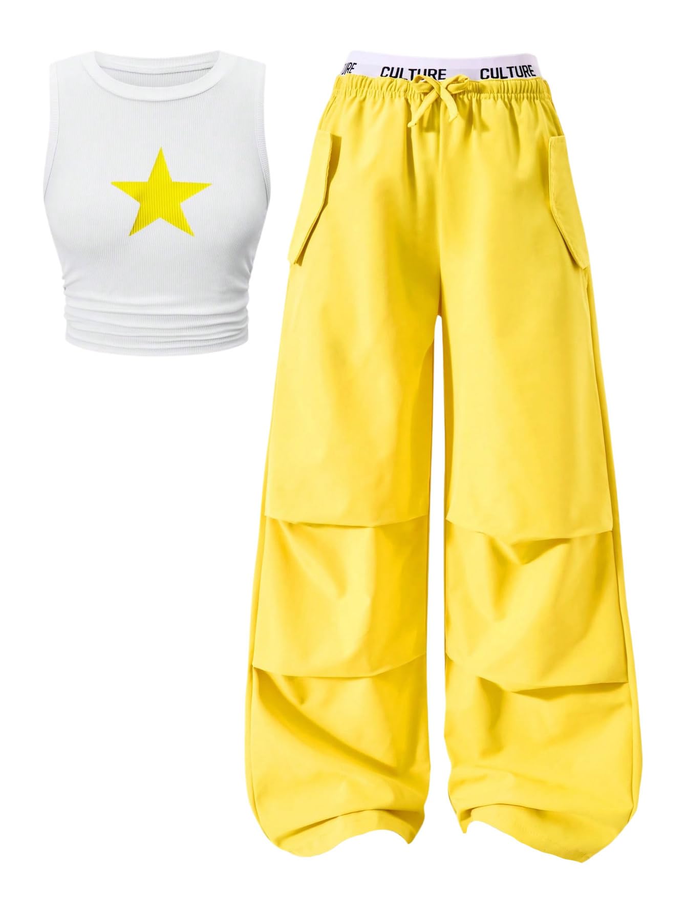 OYOANGLE Girl's 2 Piece Set Y2K Star Graphic Crop Ribbed Knit Tank Top and Letter Ruffled Cargo Pants Sets Streetwear
