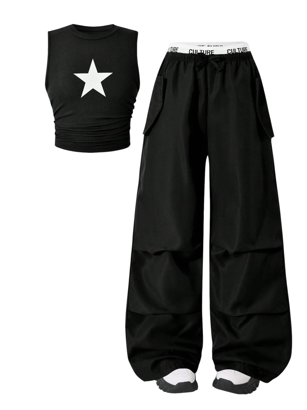 OYOANGLE Girl's 2 Piece Set Y2K Star Graphic Crop Ribbed Knit Tank Top and Letter Ruffled Cargo Pants Sets Streetwear
