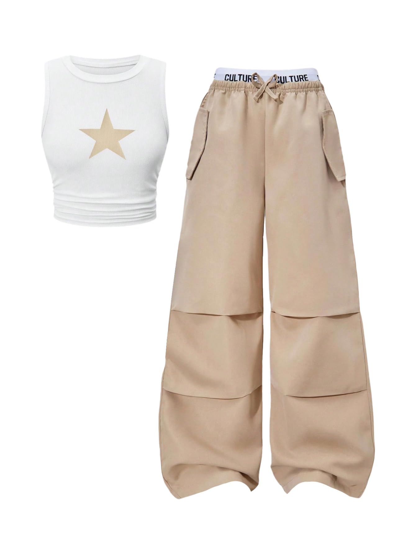 OYOANGLE Girl's 2 Piece Set Y2K Star Graphic Crop Ribbed Knit Tank Top and Letter Ruffled Cargo Pants Sets Streetwear