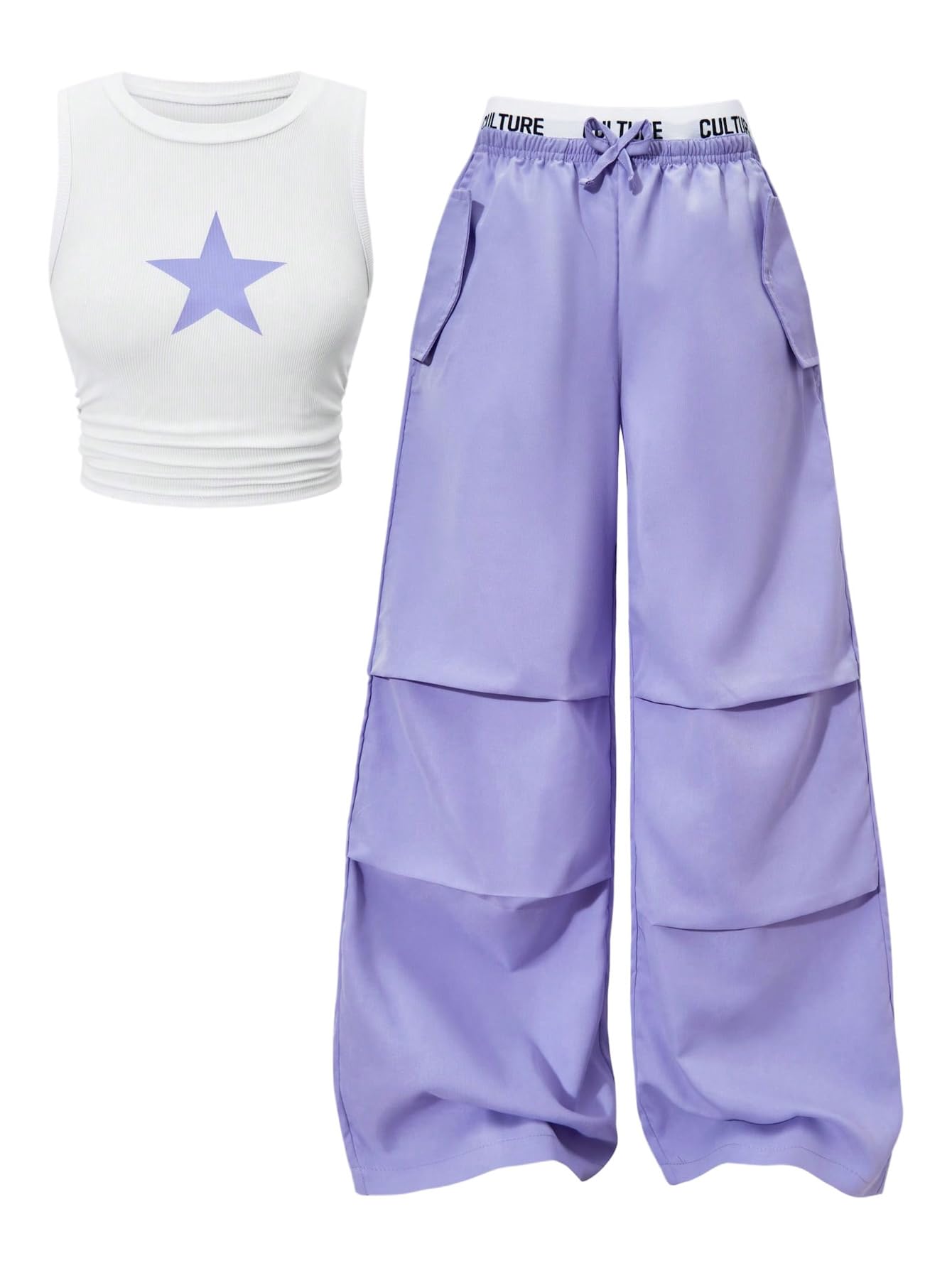 OYOANGLE Girl's 2 Piece Set Y2K Star Graphic Crop Ribbed Knit Tank Top and Letter Ruffled Cargo Pants Sets Streetwear