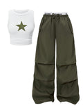 OYOANGLE Girl's 2 Piece Set Y2K Star Graphic Crop Ribbed Knit Tank Top and Letter Ruffled Cargo Pants Sets Streetwear