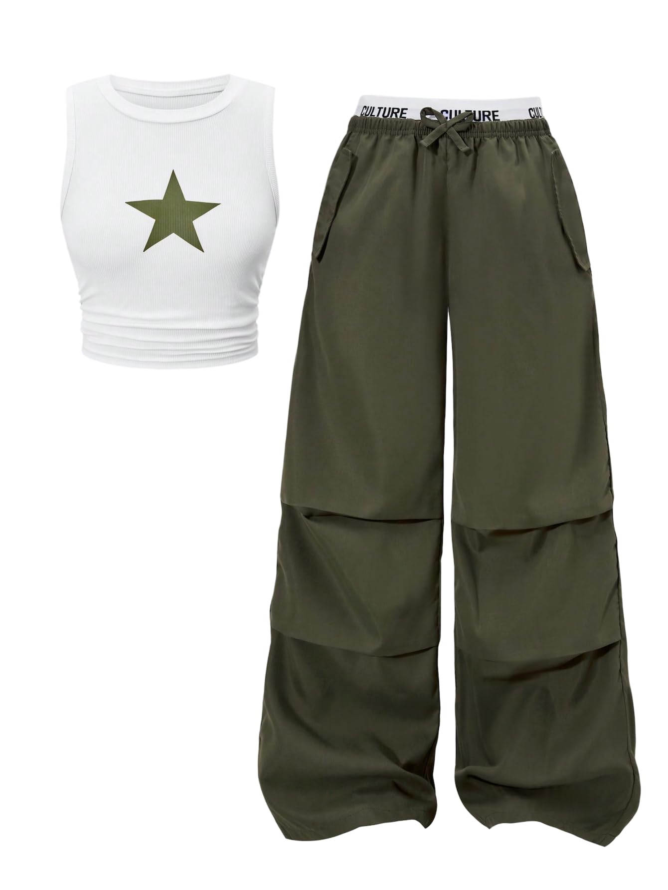 OYOANGLE Girl's 2 Piece Set Y2K Star Graphic Crop Ribbed Knit Tank Top and Letter Ruffled Cargo Pants Sets Streetwear