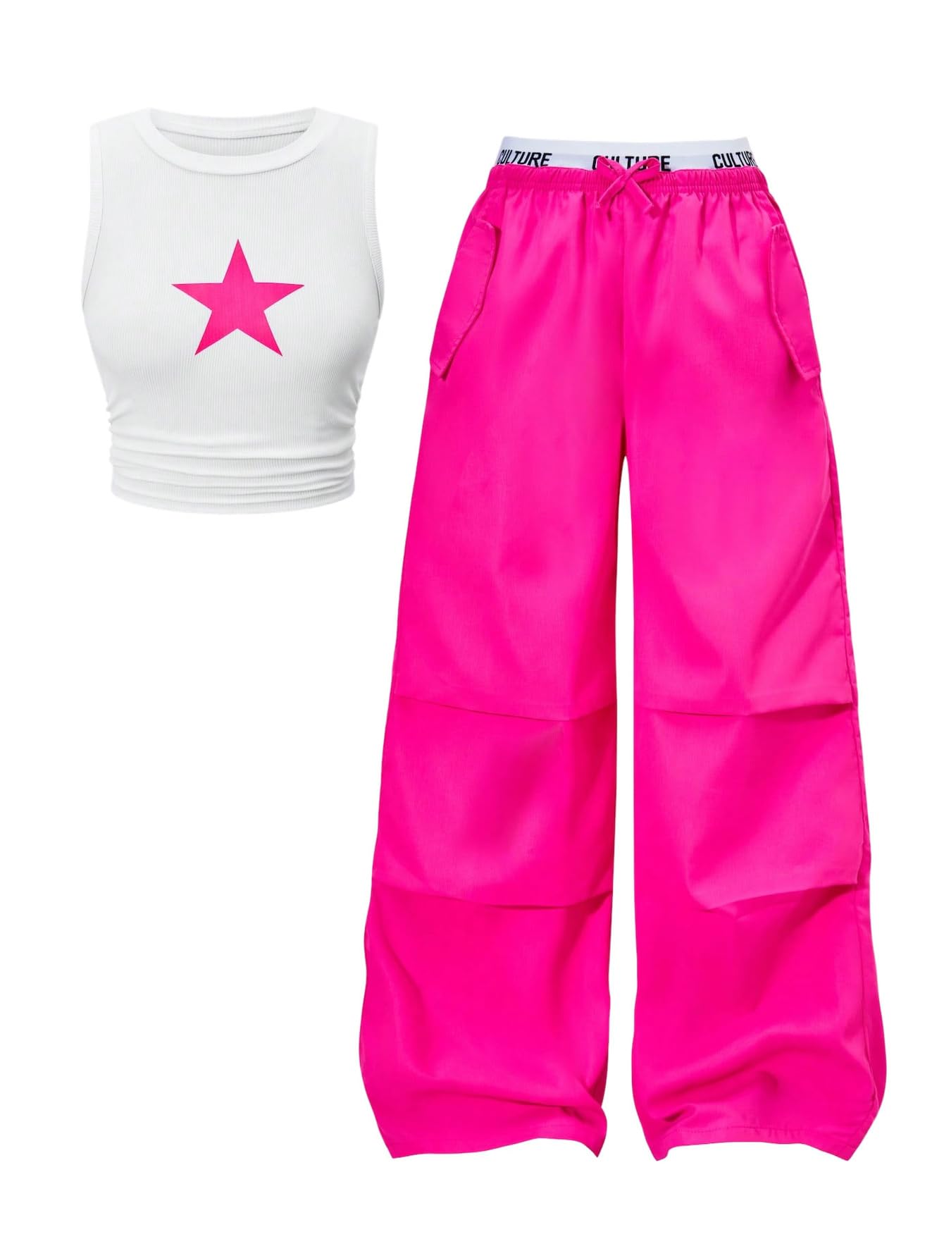 OYOANGLE Girl's 2 Piece Set Y2K Star Graphic Crop Ribbed Knit Tank Top and Letter Ruffled Cargo Pants Sets Streetwear