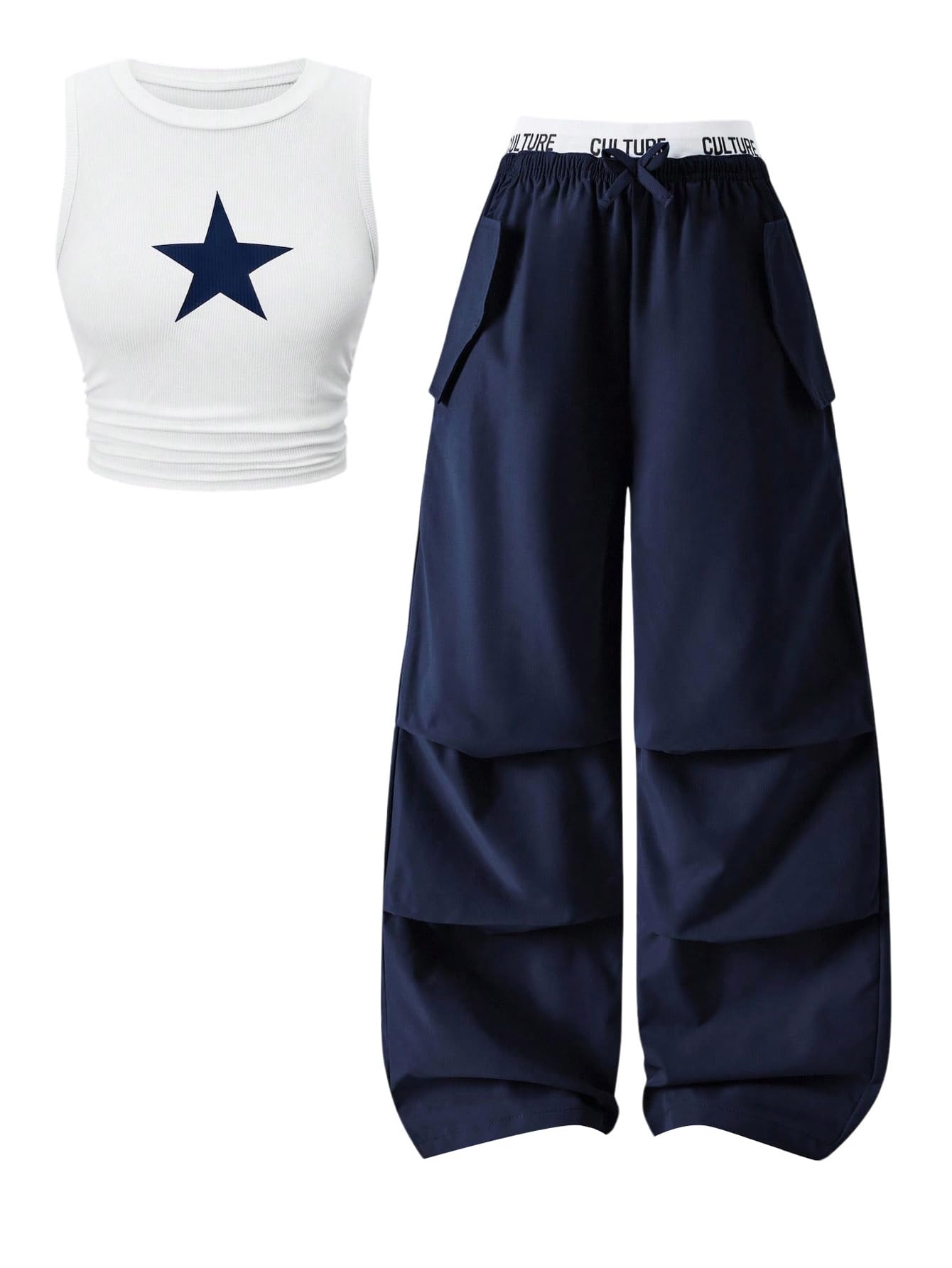 OYOANGLE Girl's 2 Piece Set Y2K Star Graphic Crop Ribbed Knit Tank Top and Letter Ruffled Cargo Pants Sets Streetwear
