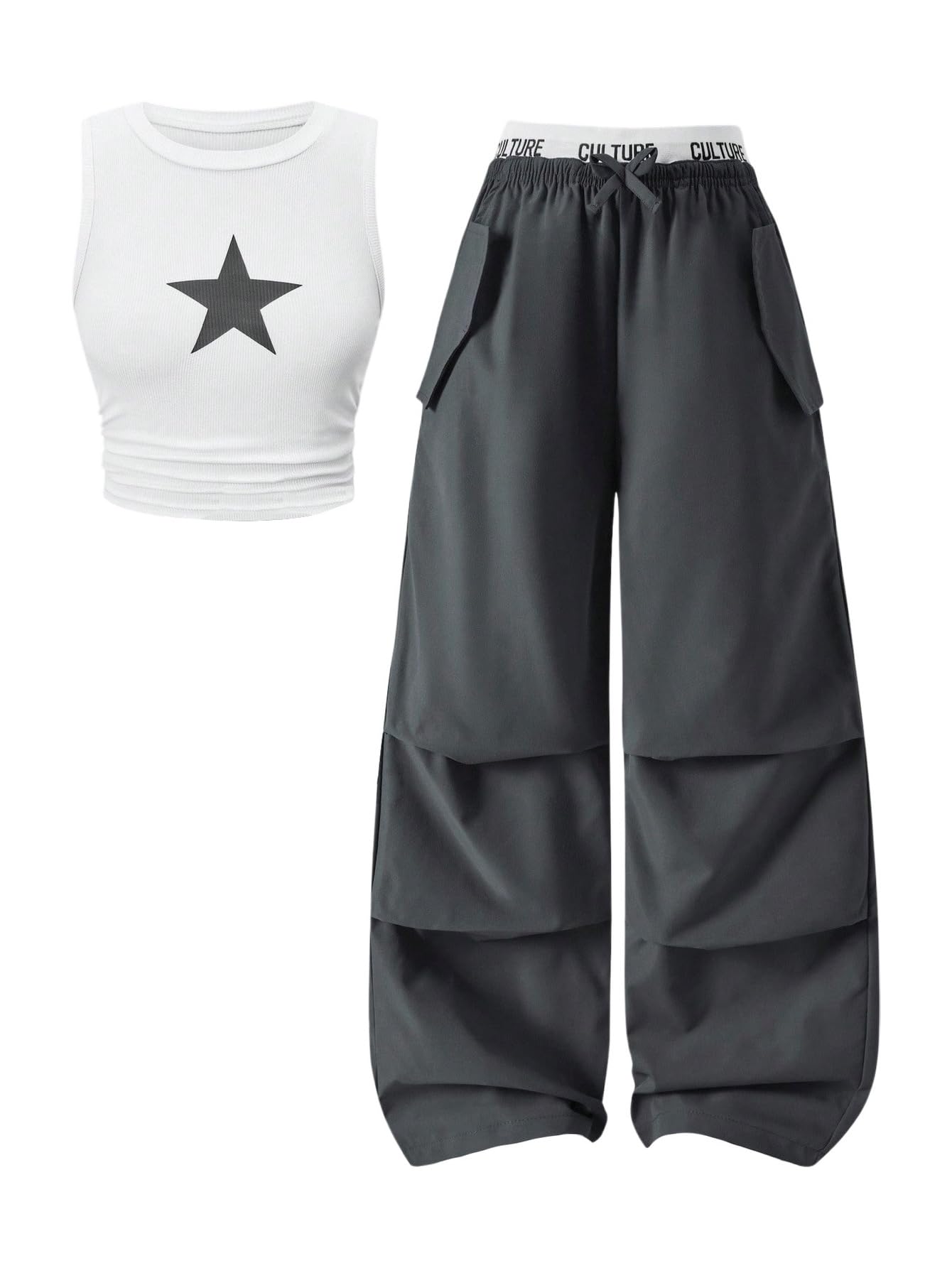 OYOANGLE Girl's 2 Piece Set Y2K Star Graphic Crop Ribbed Knit Tank Top and Letter Ruffled Cargo Pants Sets Streetwear