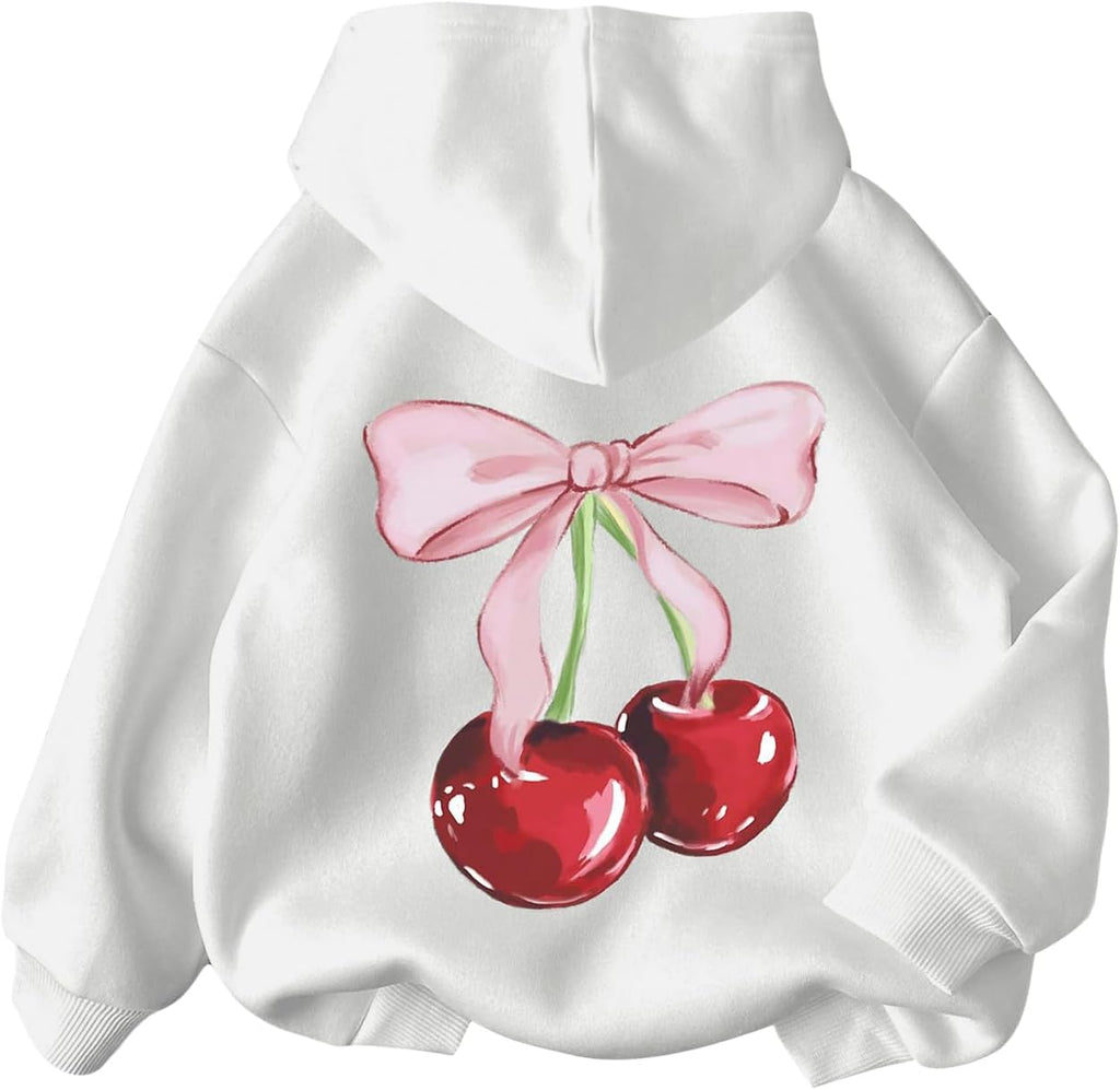 WDIRARA Girl's Cherry Graphic Hoodie Long Sleeve Hooded Sweatshirt Cute Pullovers Tops