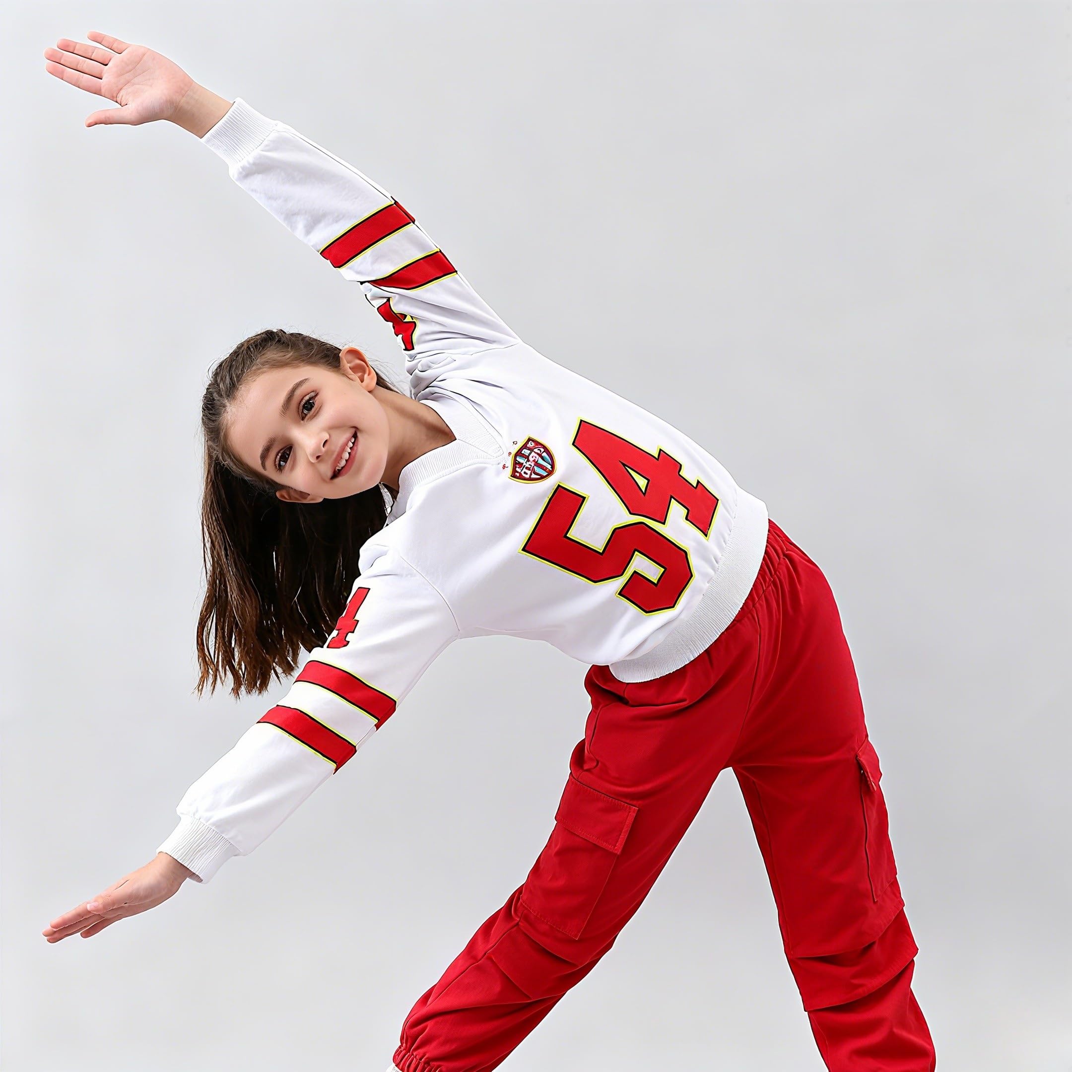 Axumity Tween Girls Clothes Sporty Color Blocking Numeral Print Sweatshirt & Cargo Pants Outfit Set