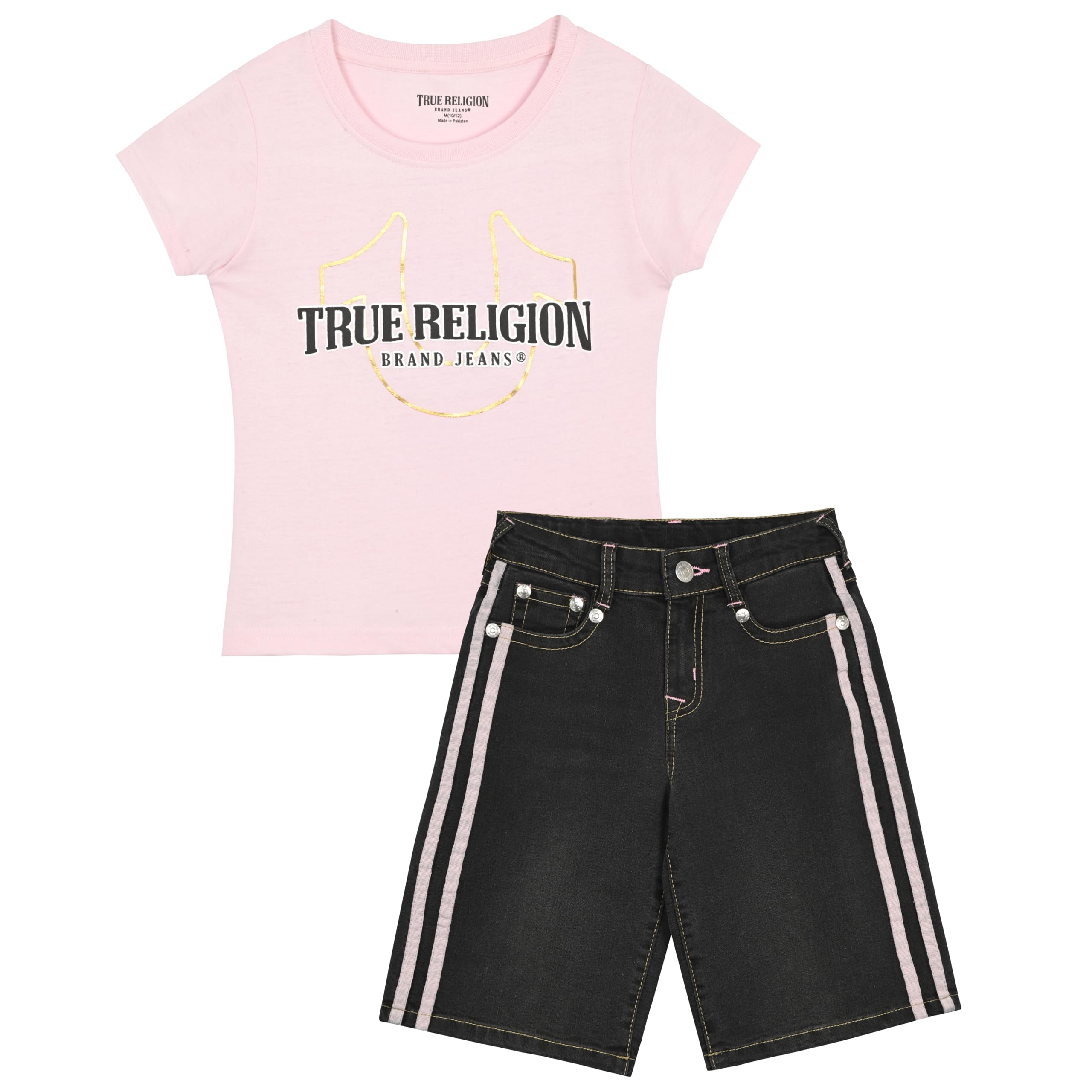 True Religion Girls Jeans Shorts Set Girls Denim Short and Fashion Tee Shirt Clothing Set for Kids