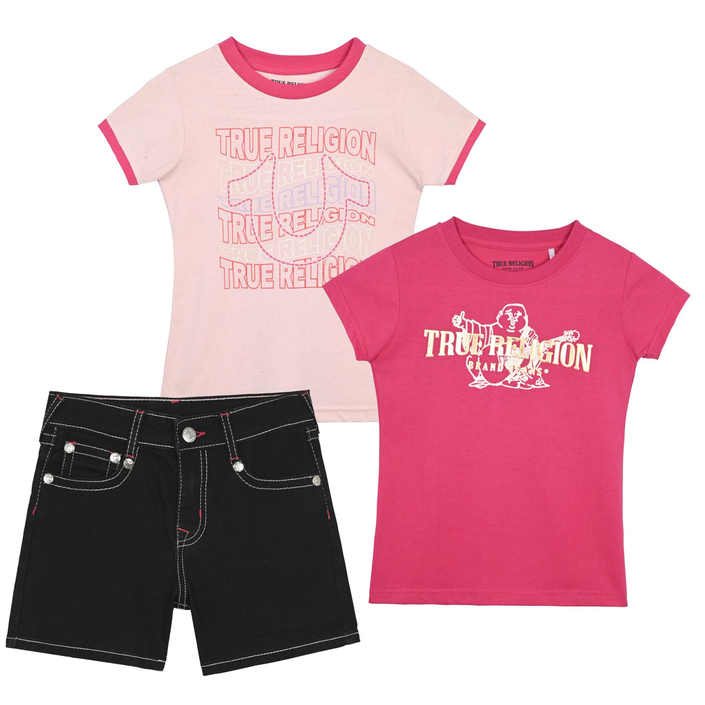 True Religion Girls Jeans Shorts Set Girls Denim Short and Fashion Tee Shirt Clothing Set for Kids