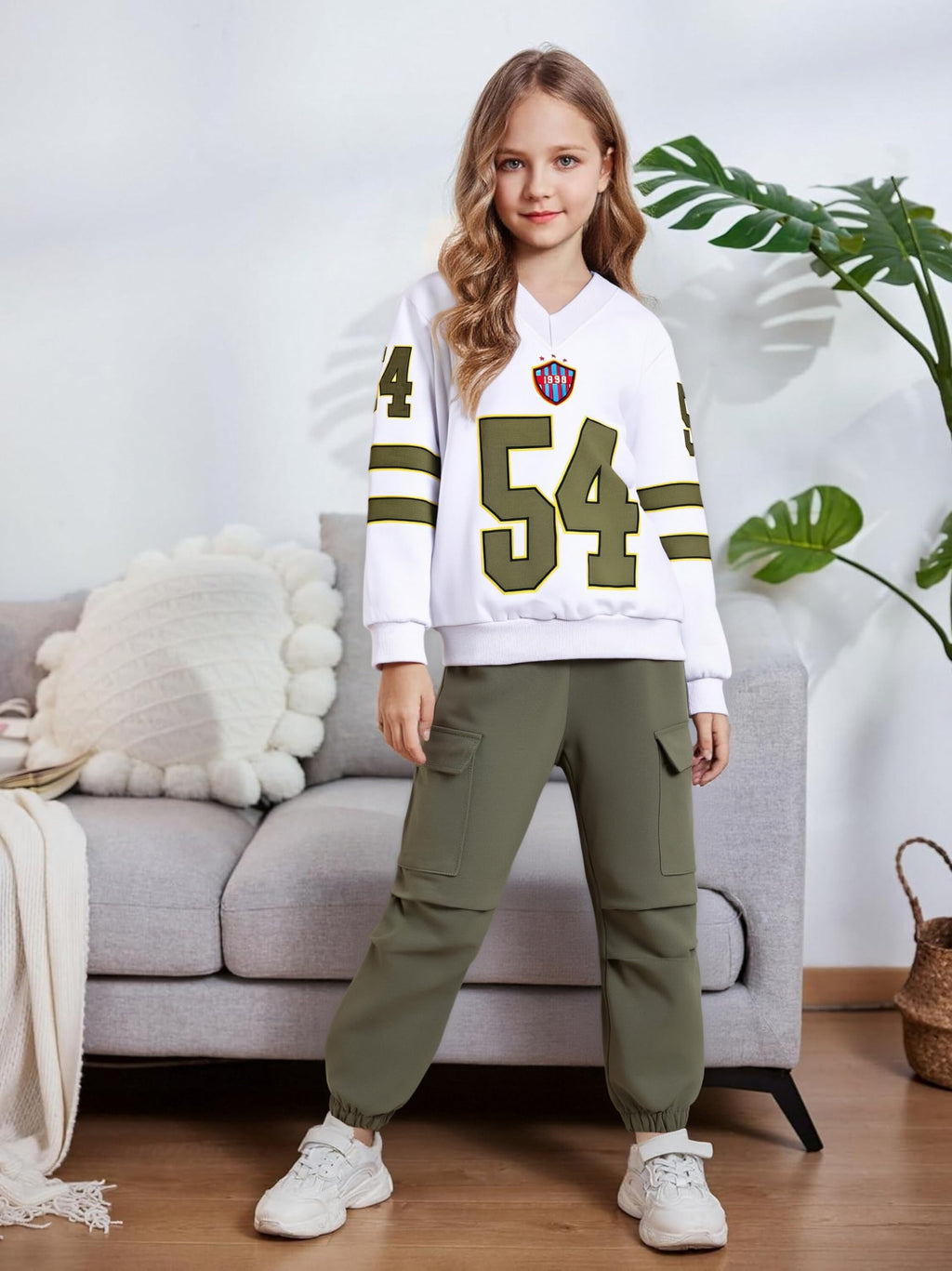 Axumity Tween Girls Clothes Sporty Color Blocking Numeral Print Sweatshirt & Cargo Pants Outfit Set