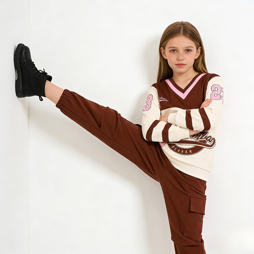 Axumity Tween Girls Clothes Sporty Color Blocking Numeral Print Sweatshirt & Cargo Pants Outfit Set