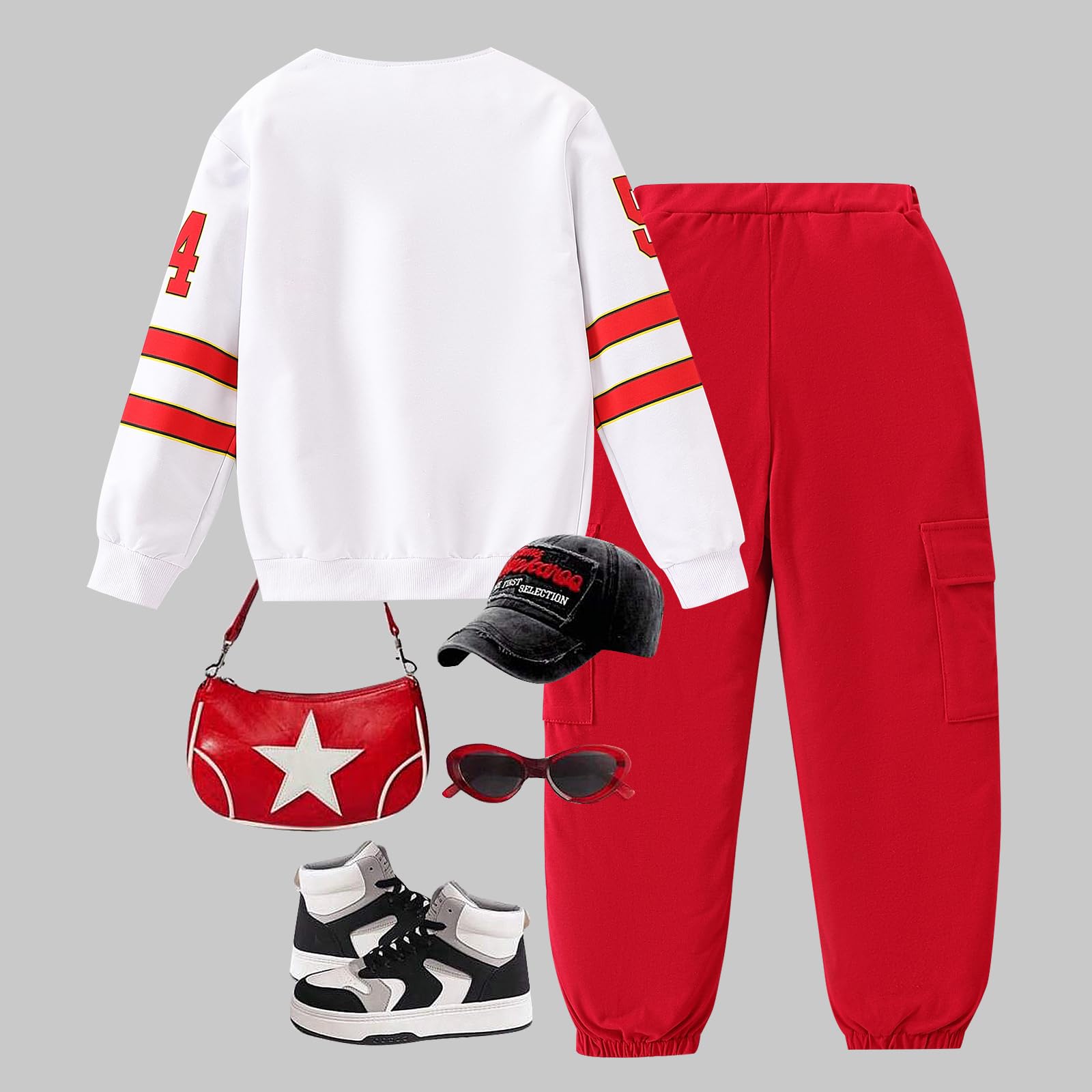 Axumity Tween Girls Clothes Sporty Color Blocking Numeral Print Sweatshirt & Cargo Pants Outfit Set