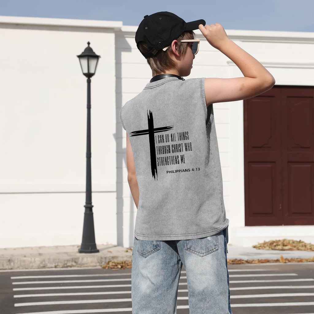 Fkatuzi Boys Christian Graphic Tank Tops God Jesus Shirts for Kids Cross Faith Religious Cotton Acid Wash Sleevesless Tshirt