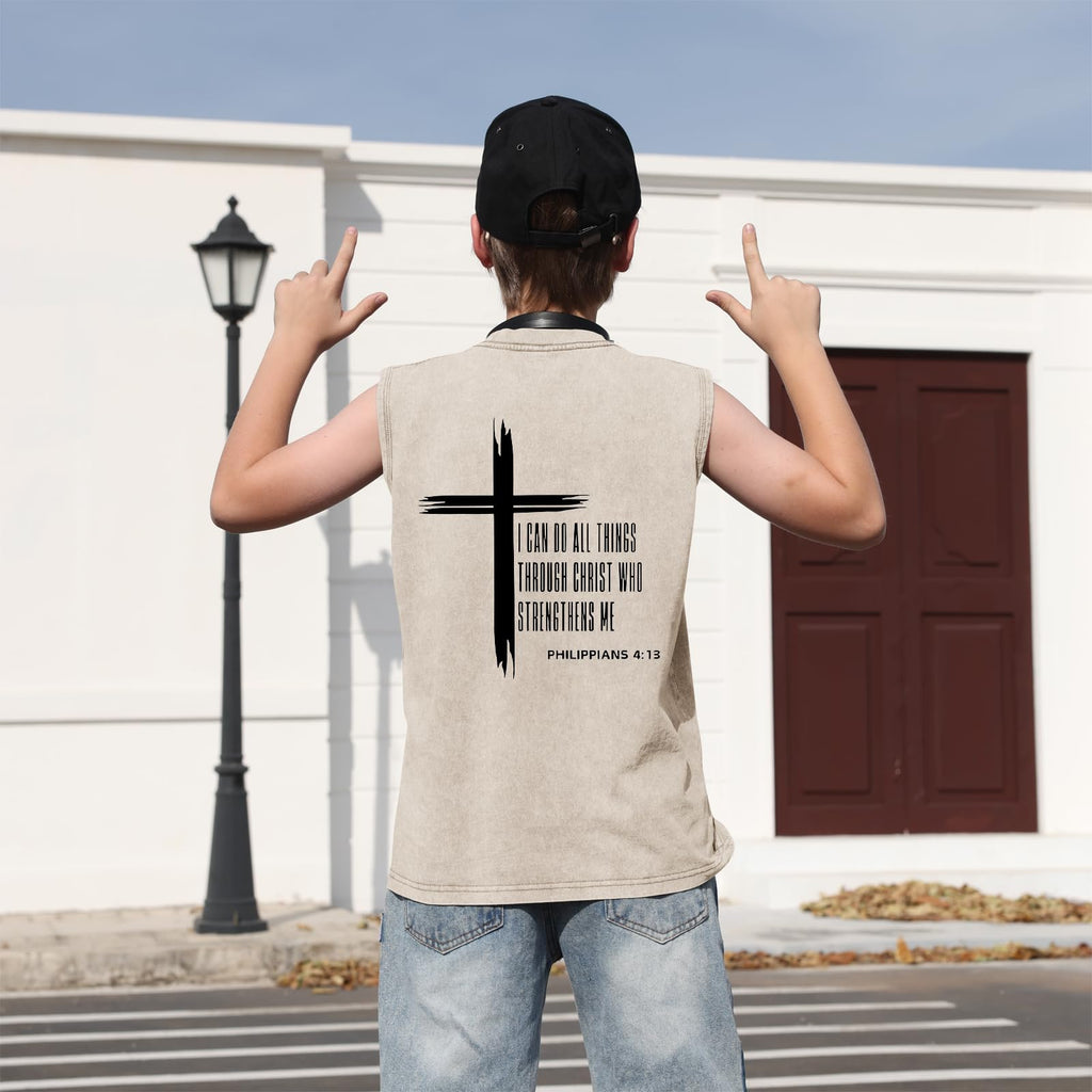Fkatuzi Boys Christian Graphic Tank Tops God Jesus Shirts for Kids Cross Faith Religious Cotton Acid Wash Sleevesless Tshirt