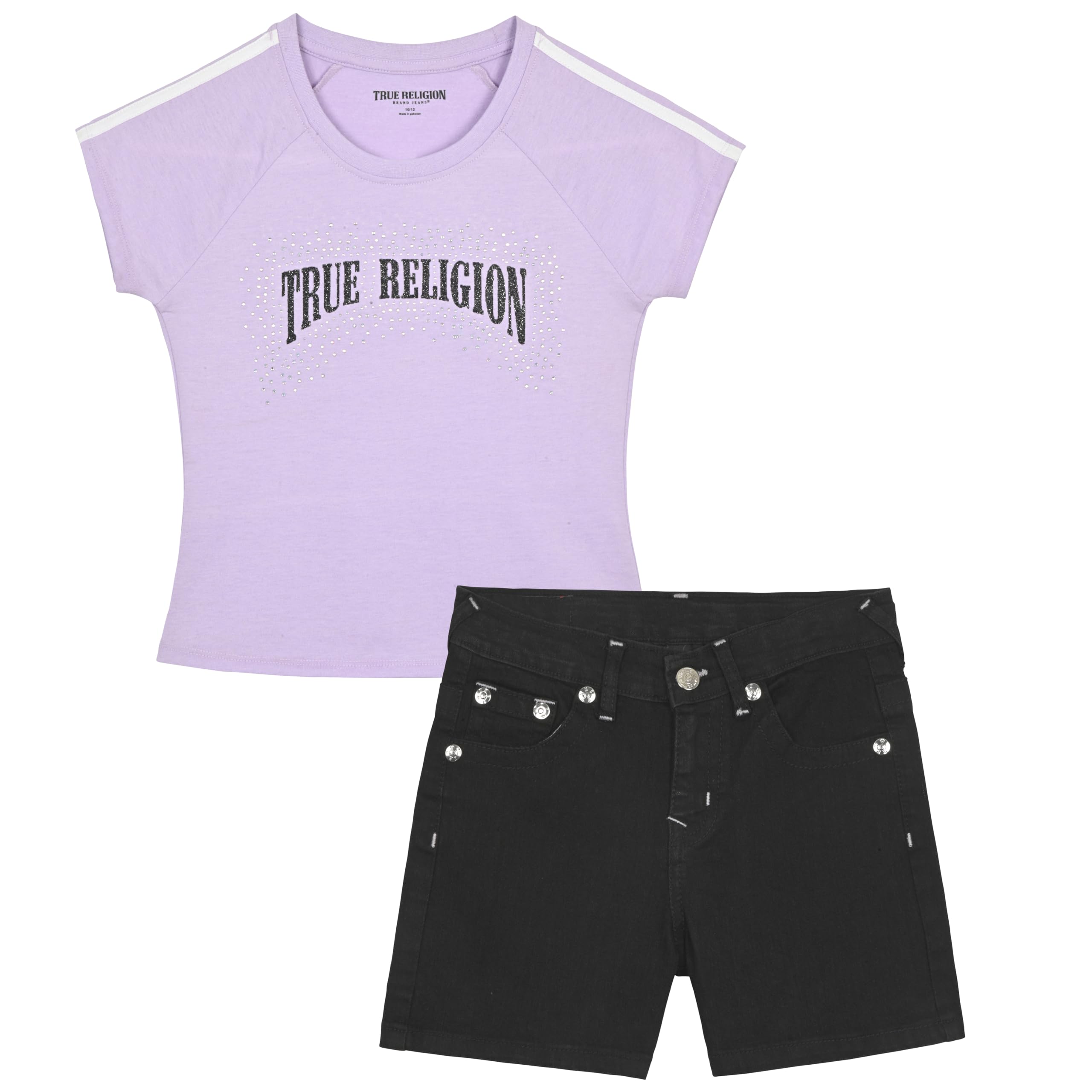True Religion Girls Jeans Shorts Set Girls Denim Short and Fashion Tee Shirt Clothing Set for Kids
