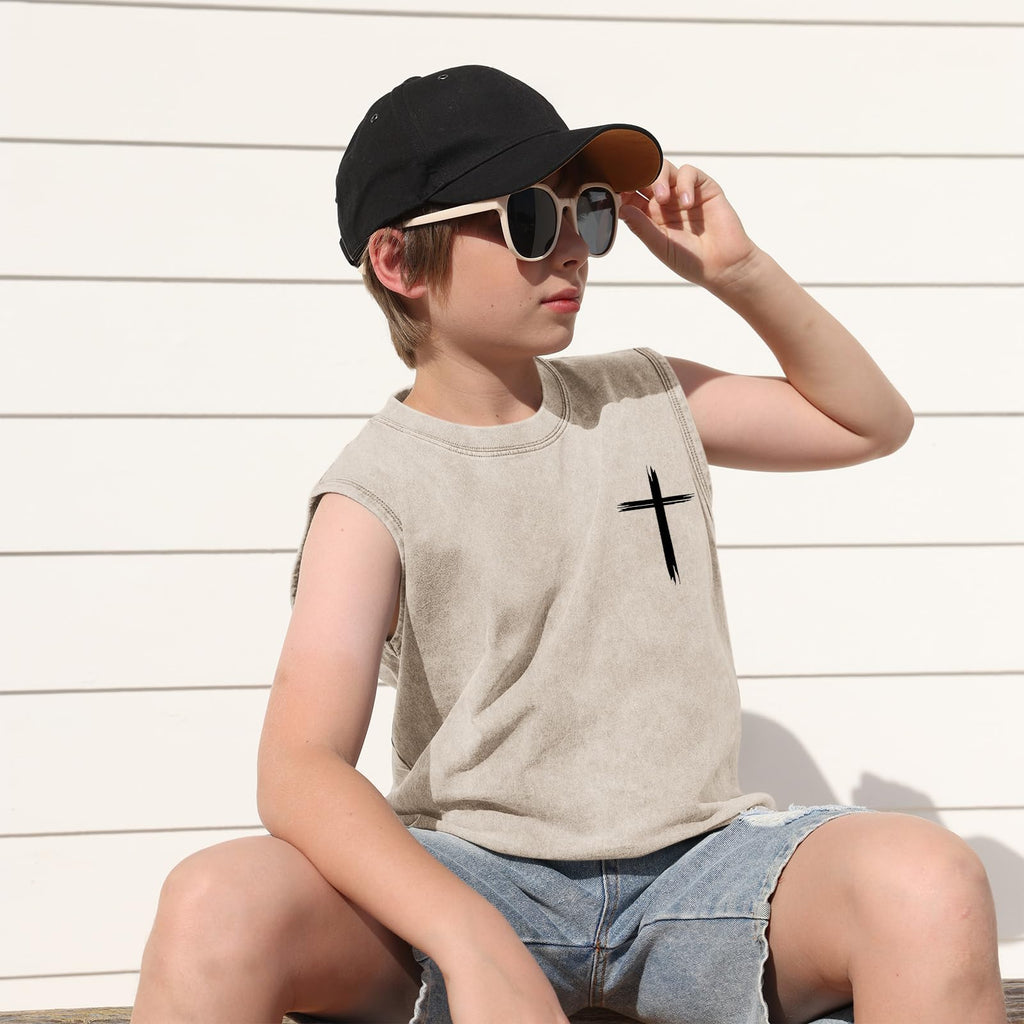 Fkatuzi Boys Christian Graphic Tank Tops God Jesus Shirts for Kids Cross Faith Religious Cotton Acid Wash Sleevesless Tshirt