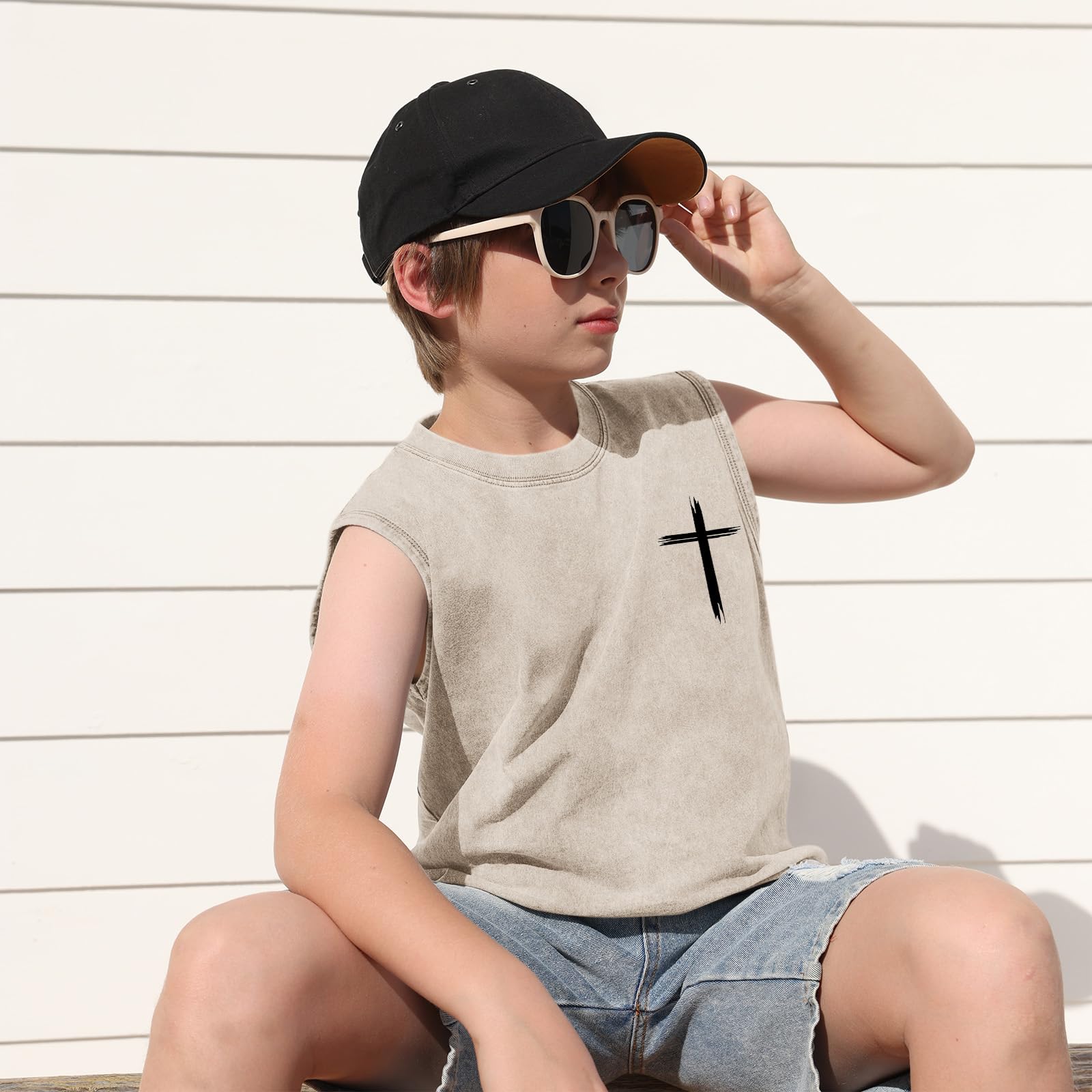 Fkatuzi Boys Christian Graphic Tank Tops God Jesus Shirts for Kids Cross Faith Religious Cotton Acid Wash Sleevesless Tshirt