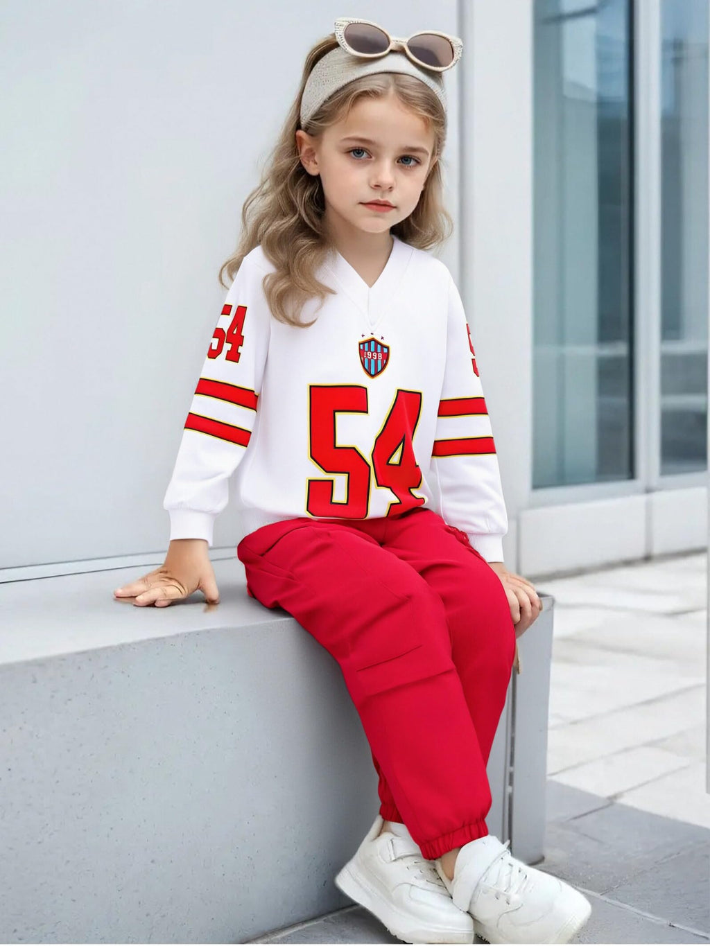 Axumity Tween Girls Clothes Sporty Color Blocking Numeral Print Sweatshirt & Cargo Pants Outfit Set