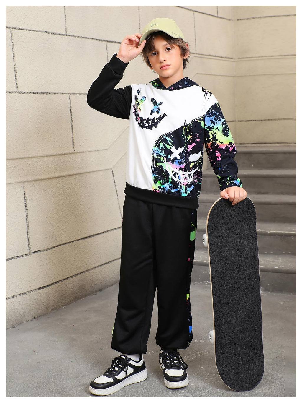 WDIRARA Boy's 2 Piece Outfits Colorful Graphic Print Long Sleeve Hoodie and Sweatpants Set Tracksuit