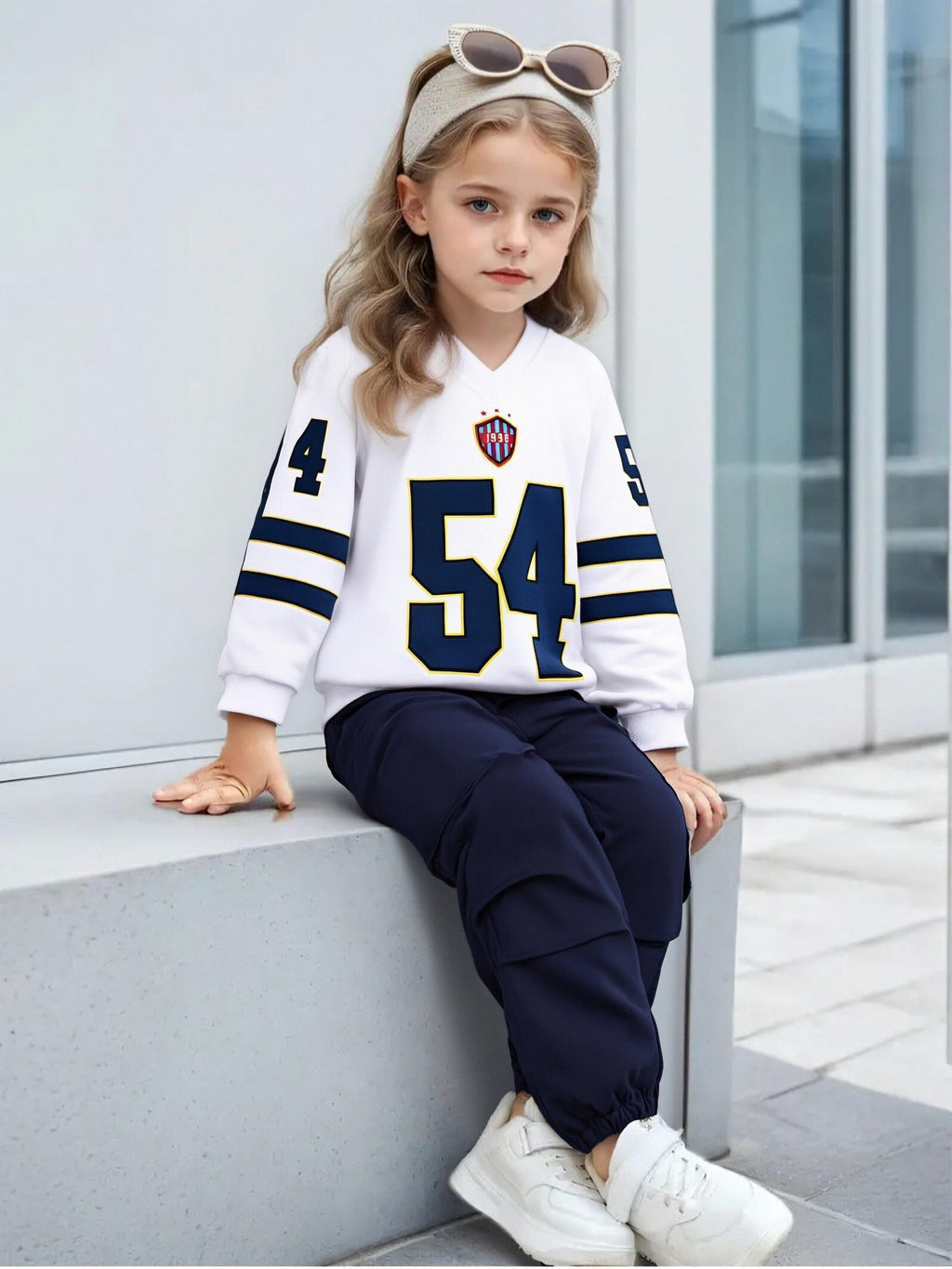 Axumity Tween Girls Clothes Sporty Color Blocking Numeral Print Sweatshirt & Cargo Pants Outfit Set