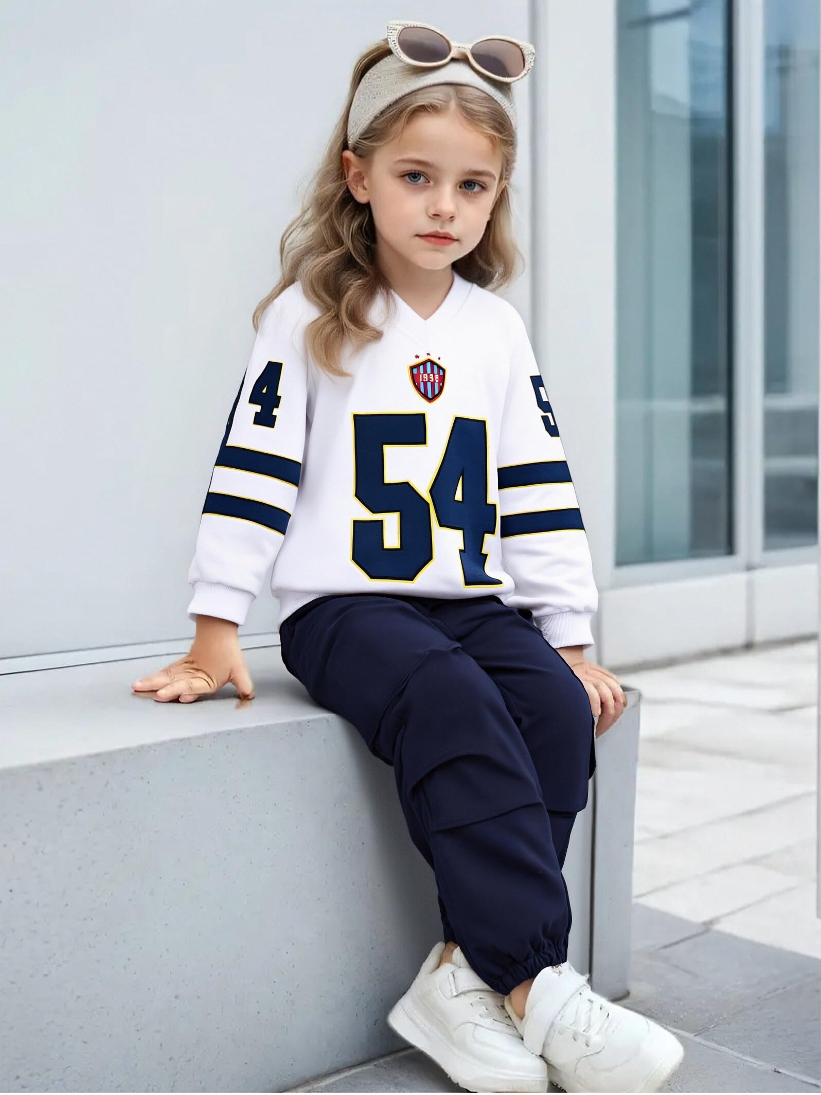 Axumity Tween Girls Clothes Sporty Color Blocking Numeral Print Sweatshirt & Cargo Pants Outfit Set