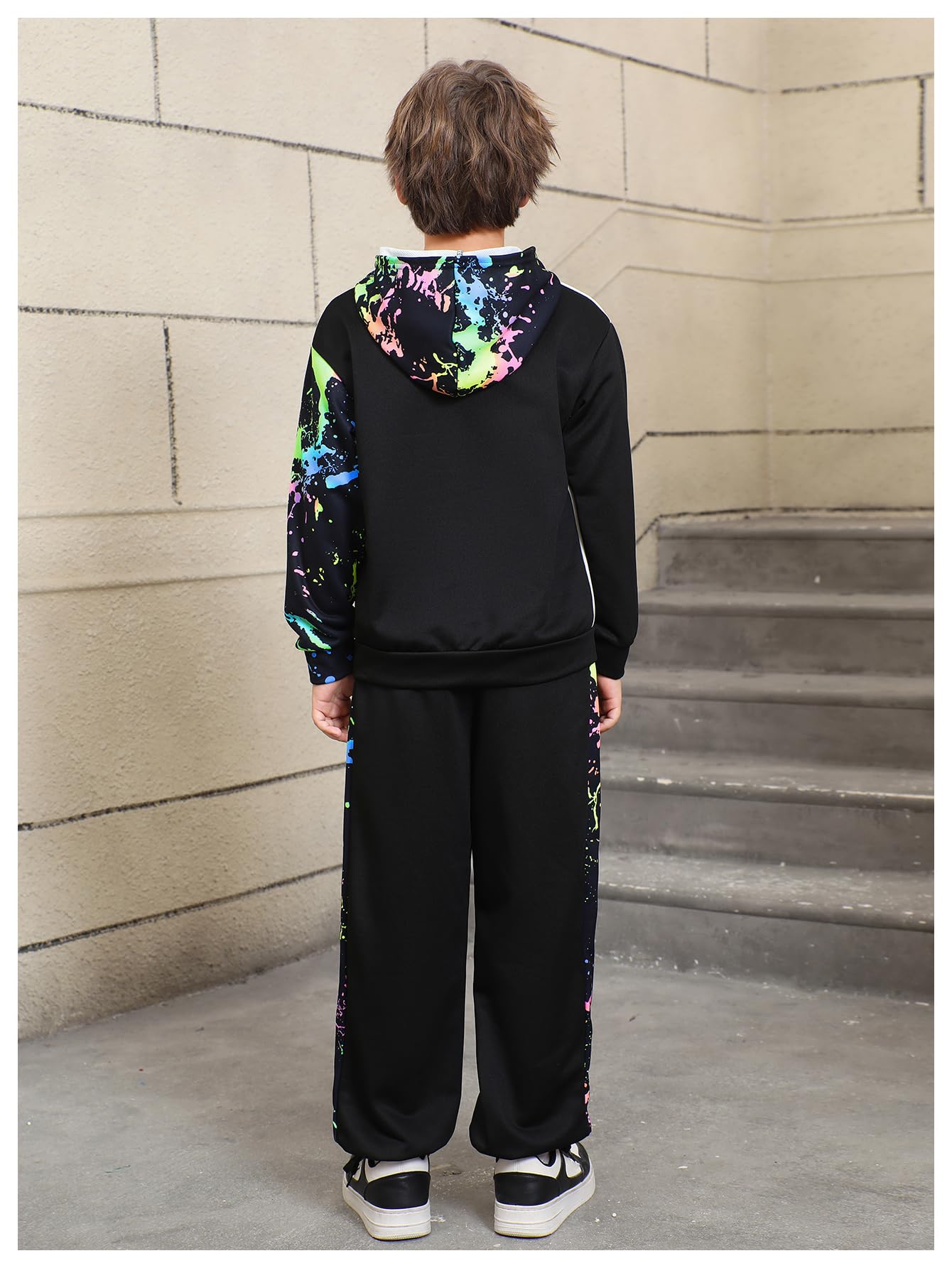 WDIRARA Boy's 2 Piece Outfits Colorful Graphic Print Long Sleeve Hoodie and Sweatpants Set Tracksuit