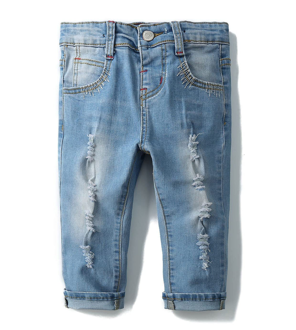 KIDSCOOL SPACE Baby Girl Boy Jeans,Elastic Band Inside with D-Rings Ripped Denim Pants