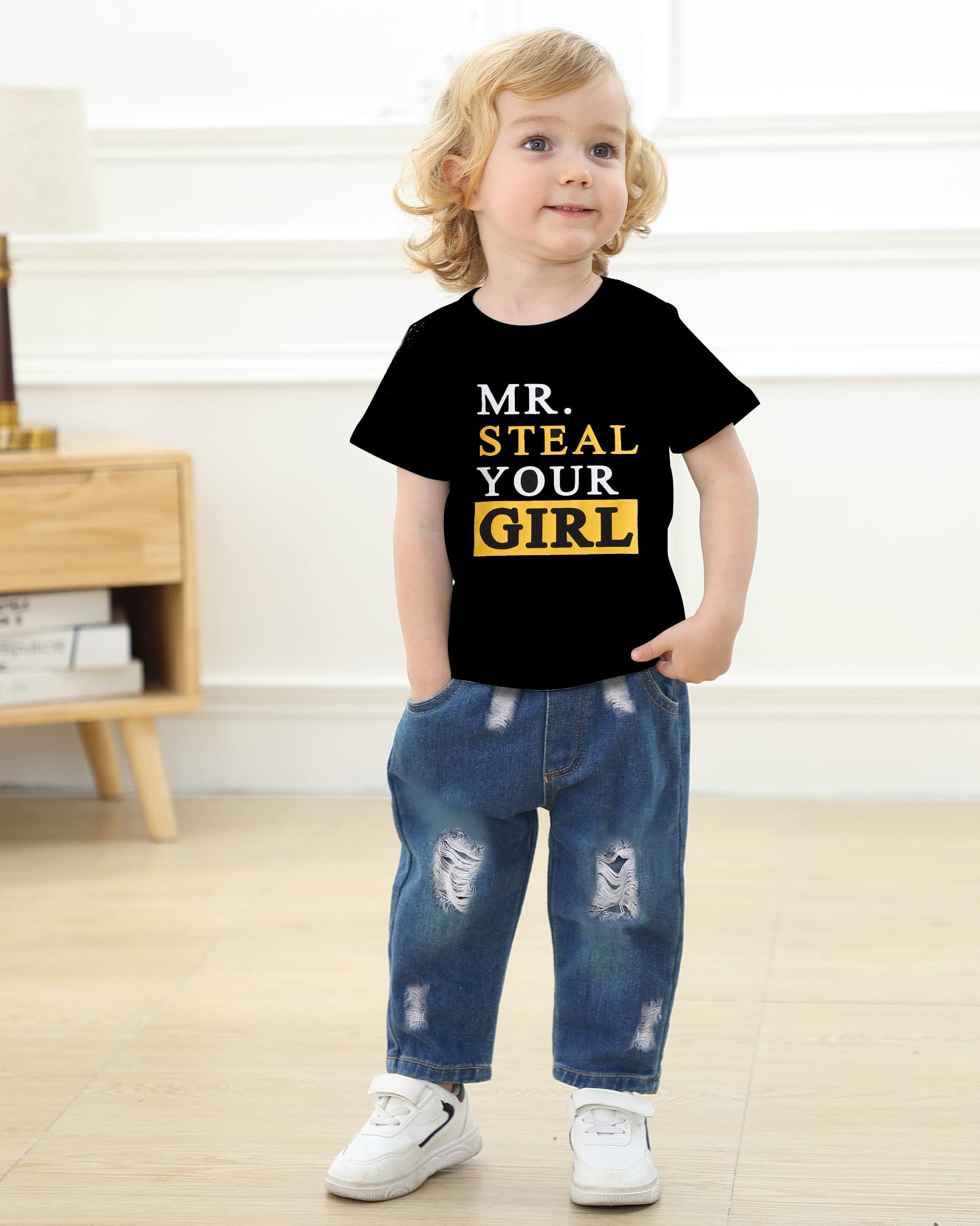 YALLET Toddler Boy Clothes 1-5T Boys Outfits Infant Short Sleeve T-Shirt Ripped Jeans 12 18 24 Months Baby Clothing Pants Set