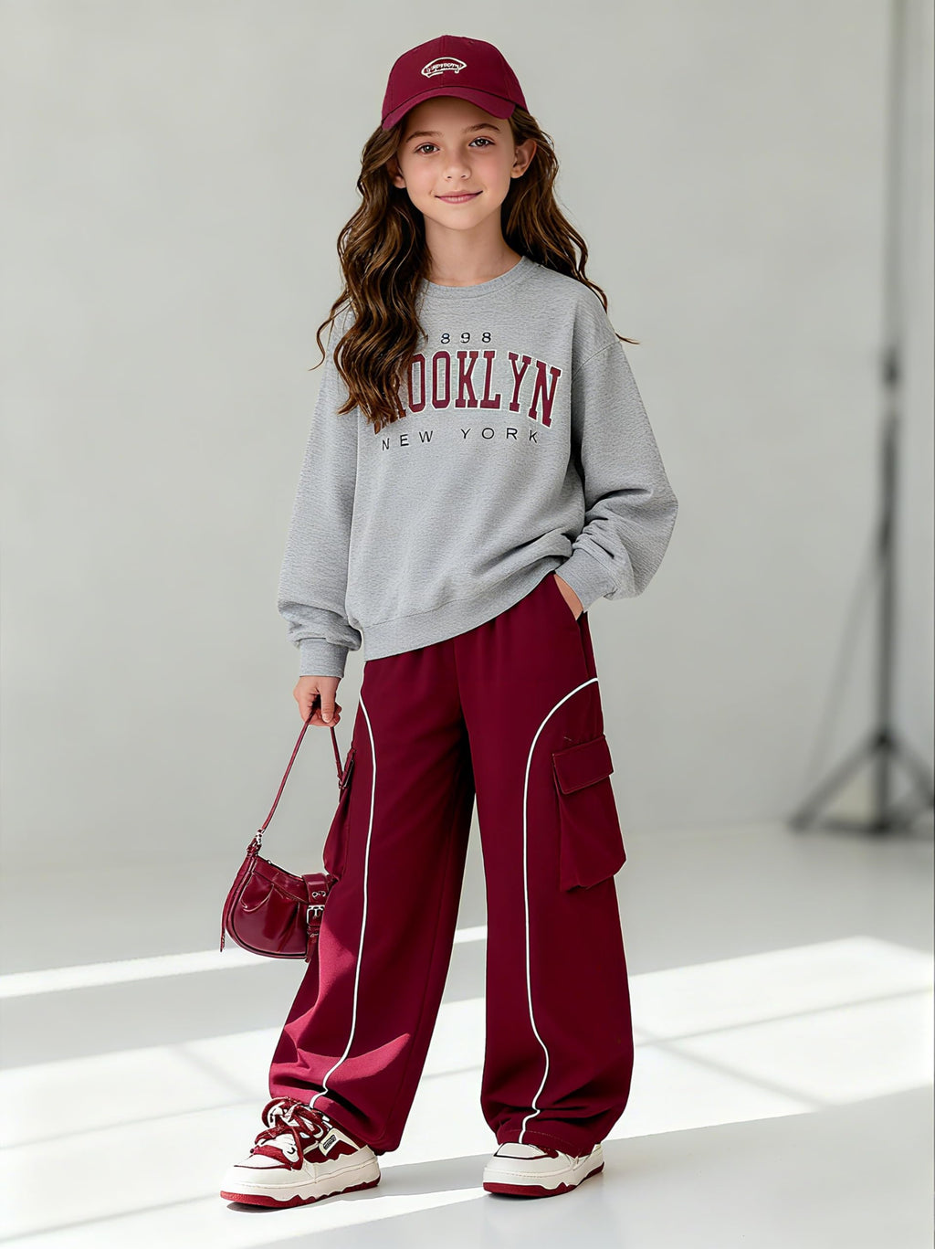 Axumity Tween Girls Clothes Sporty Color Blocking Numeral Print Sweatshirt & Cargo Pants Outfit Set