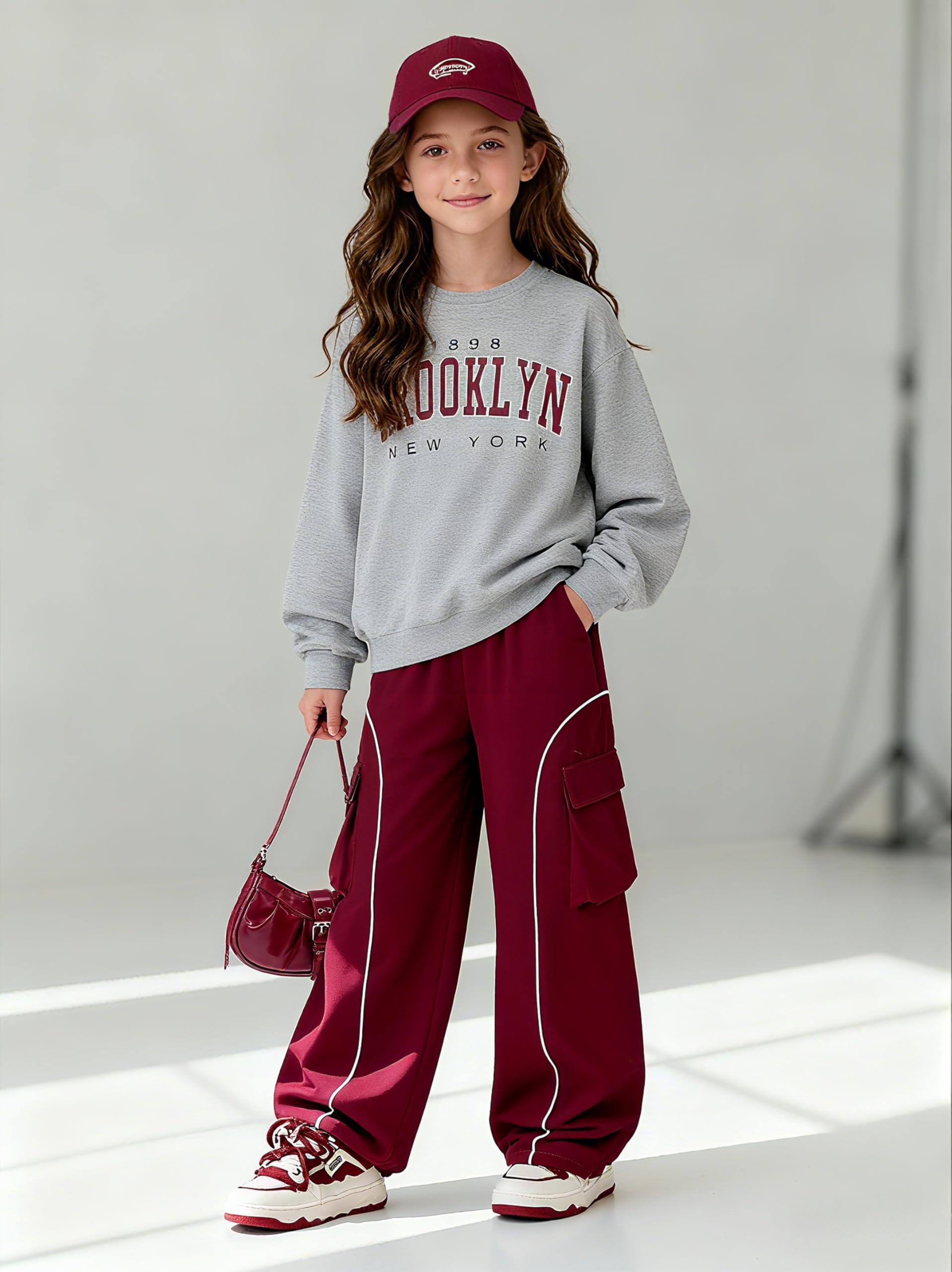 Axumity Tween Girls Clothes Sporty Color Blocking Numeral Print Sweatshirt & Cargo Pants Outfit Set