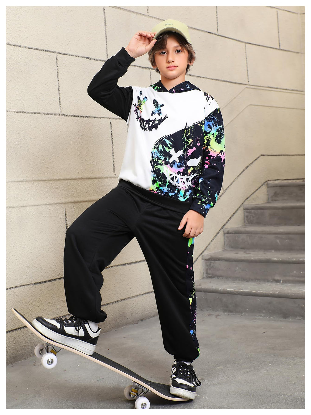 WDIRARA Boy's 2 Piece Outfits Colorful Graphic Print Long Sleeve Hoodie and Sweatpants Set Tracksuit
