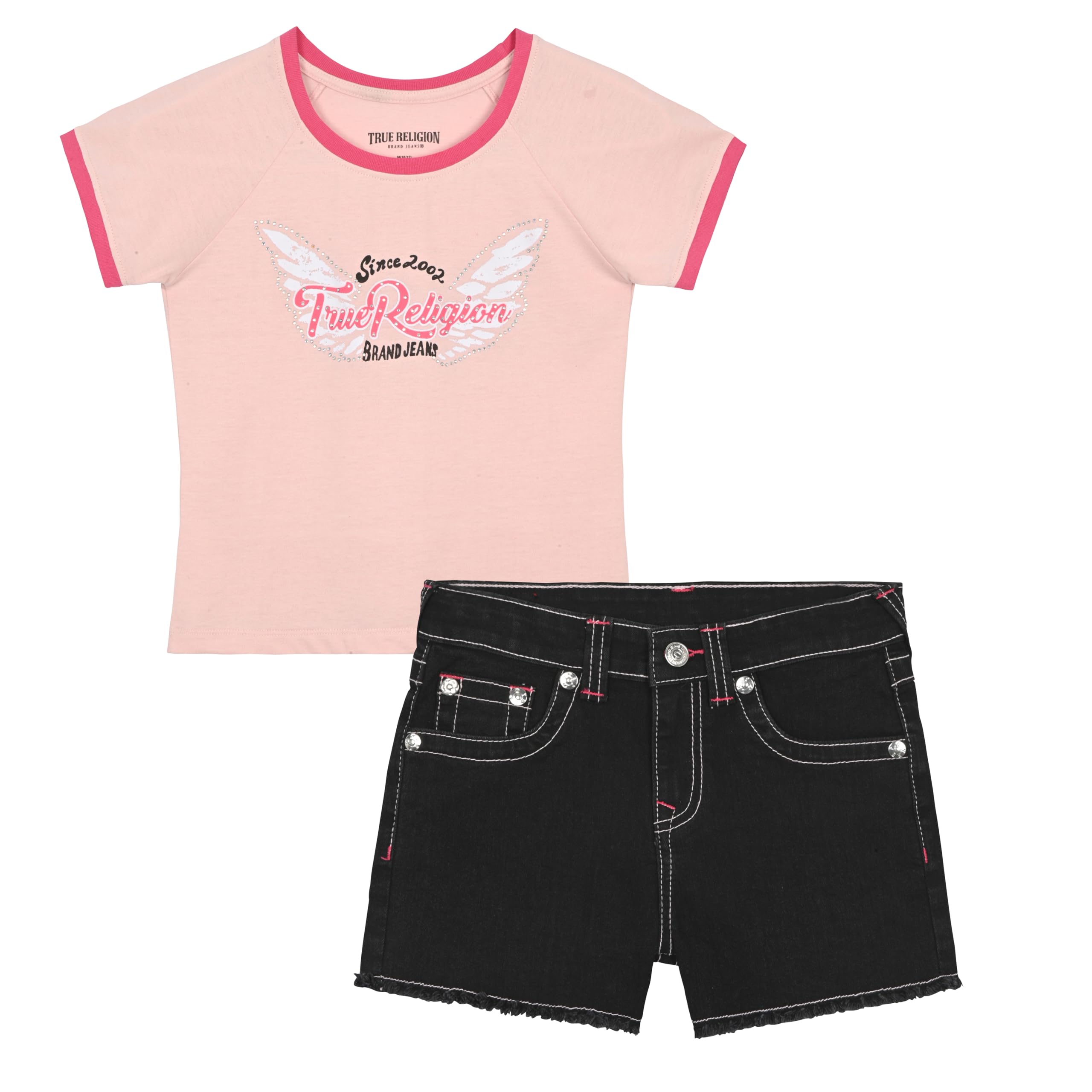 True Religion Girls Jeans Shorts Set Girls Denim Short and Fashion Tee Shirt Clothing Set for Kids